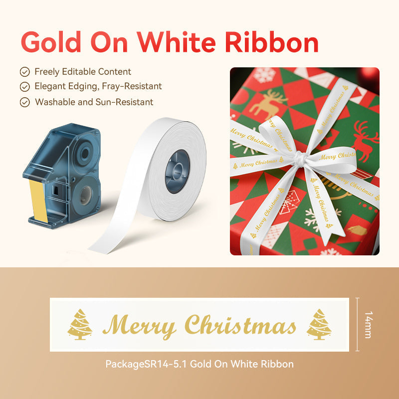 NIIMBOT - N1 Satin Gift Ribbon - 14mm x 5.1m - Gold on White