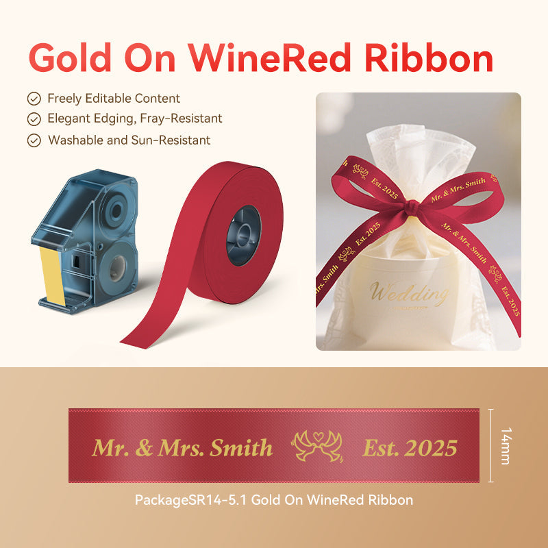 NIIMBOT - N1 Satin Gift Ribbon - 14mm x 5.1m - Gold on Wine Red