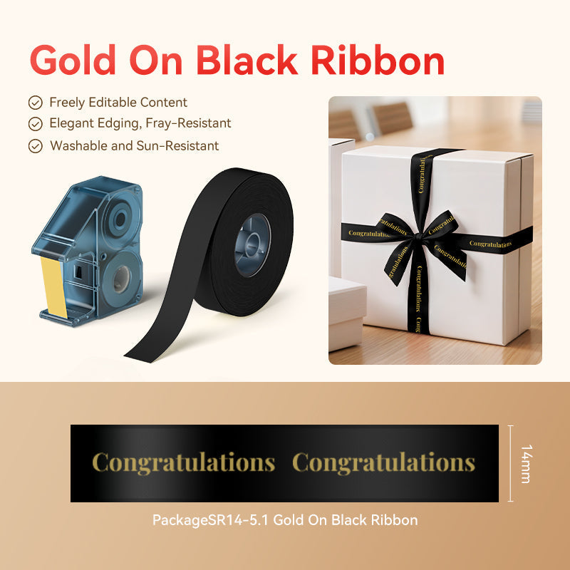NIIMBOT - N1 Satin Gift Ribbon - 14mm x 5.1m - Gold on Black