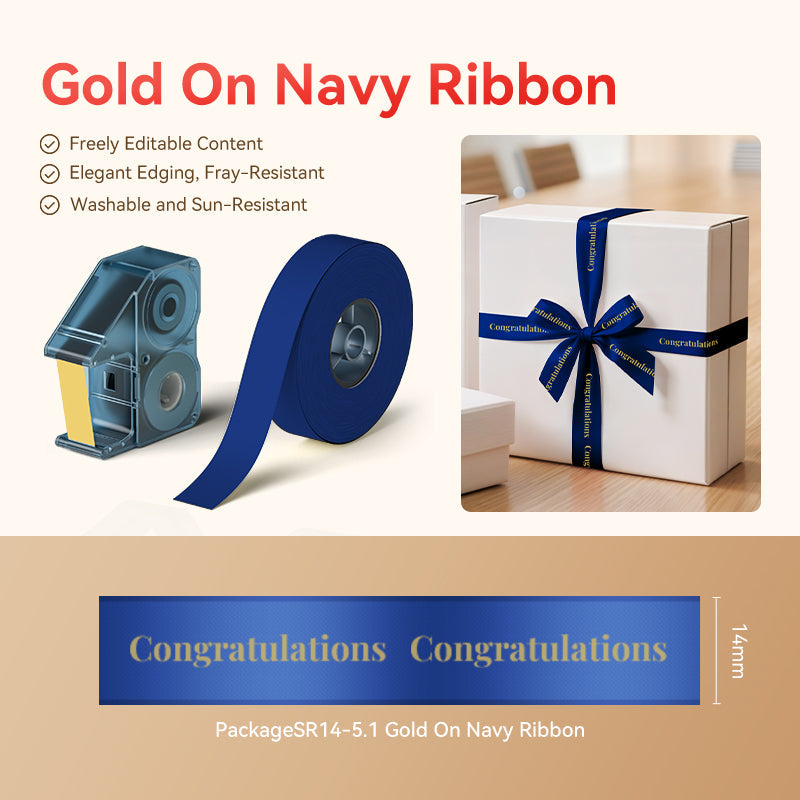 NIIMBOT - N1 Satin Gift Ribbon - 14mm x 5.1m - Gold on Navy