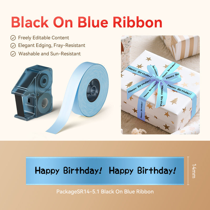 NIIMBOT - N1 Satin Gift Ribbon - 14mm x 5.1m - Black on Blue