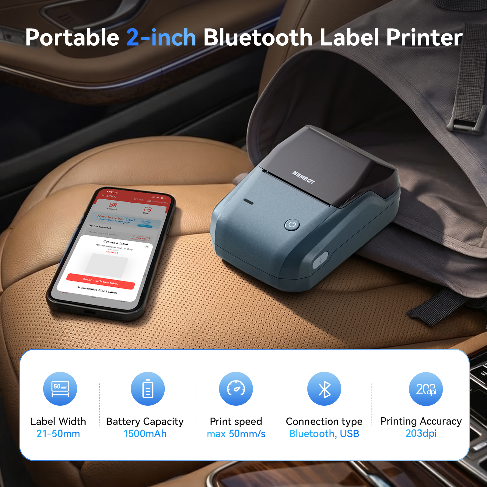 NB493 - NIIMBOT - B1 - DRAAGBARE TERMIESE ETIKET BLUETOOTH-DRUKKER INSLUITEND GRATIS ETIKET (50*30MM - WIT)