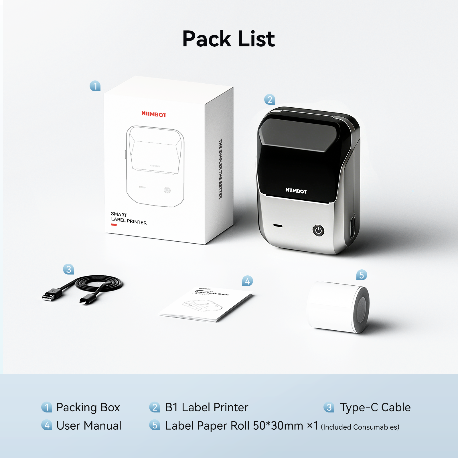 NB493 - NIIMBOT - B1 - DRAAGBARE TERMIESE ETIKET BLUETOOTH-DRUKKER INSLUITEND GRATIS ETIKET (50*30MM - WIT)