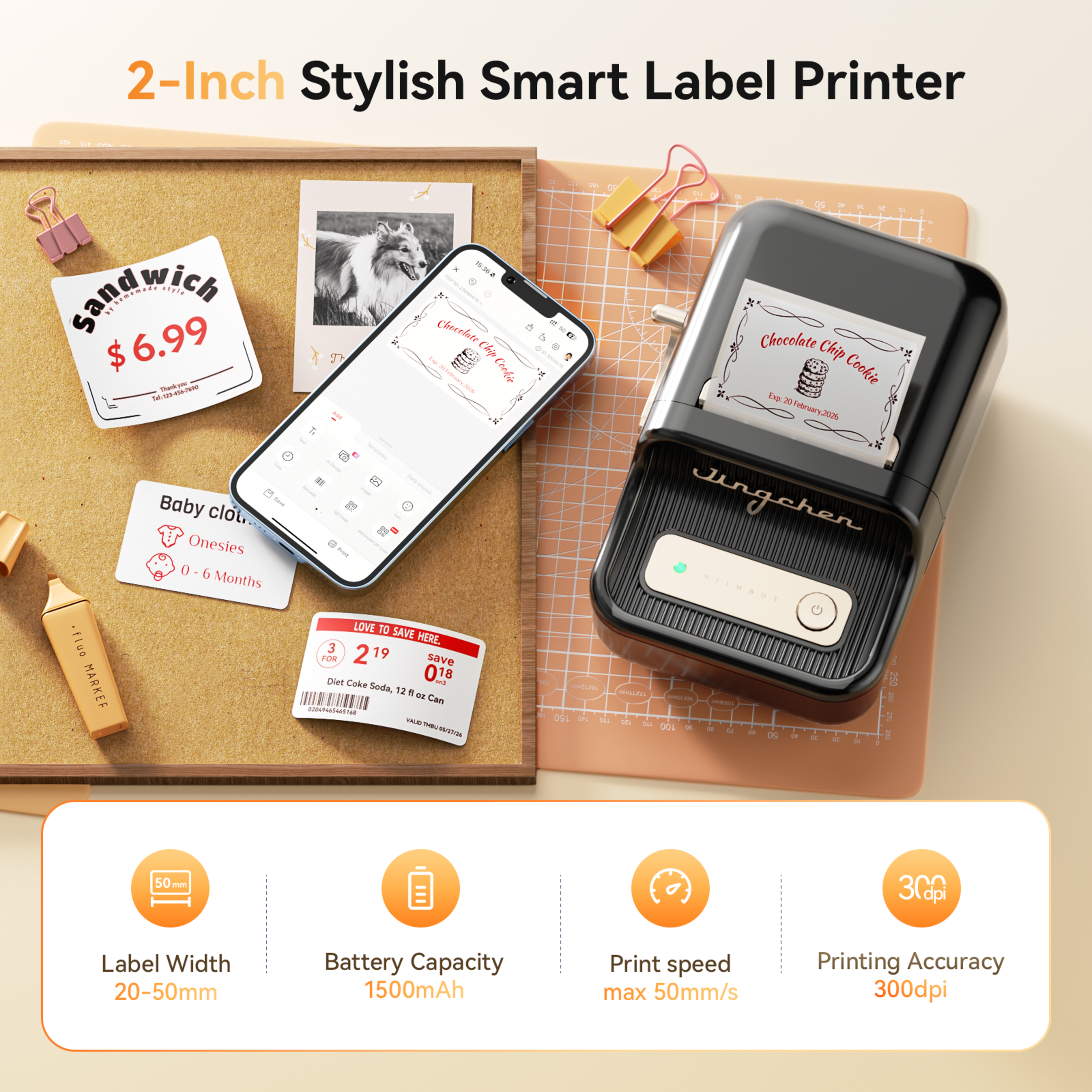 NB607 - NIIMBOT - B21_PRO - 300DPI - PORTABLE THERMAL LABEL BLUETOOTH PRINTER INCL FREE LABEL ROLL (50X30MM)