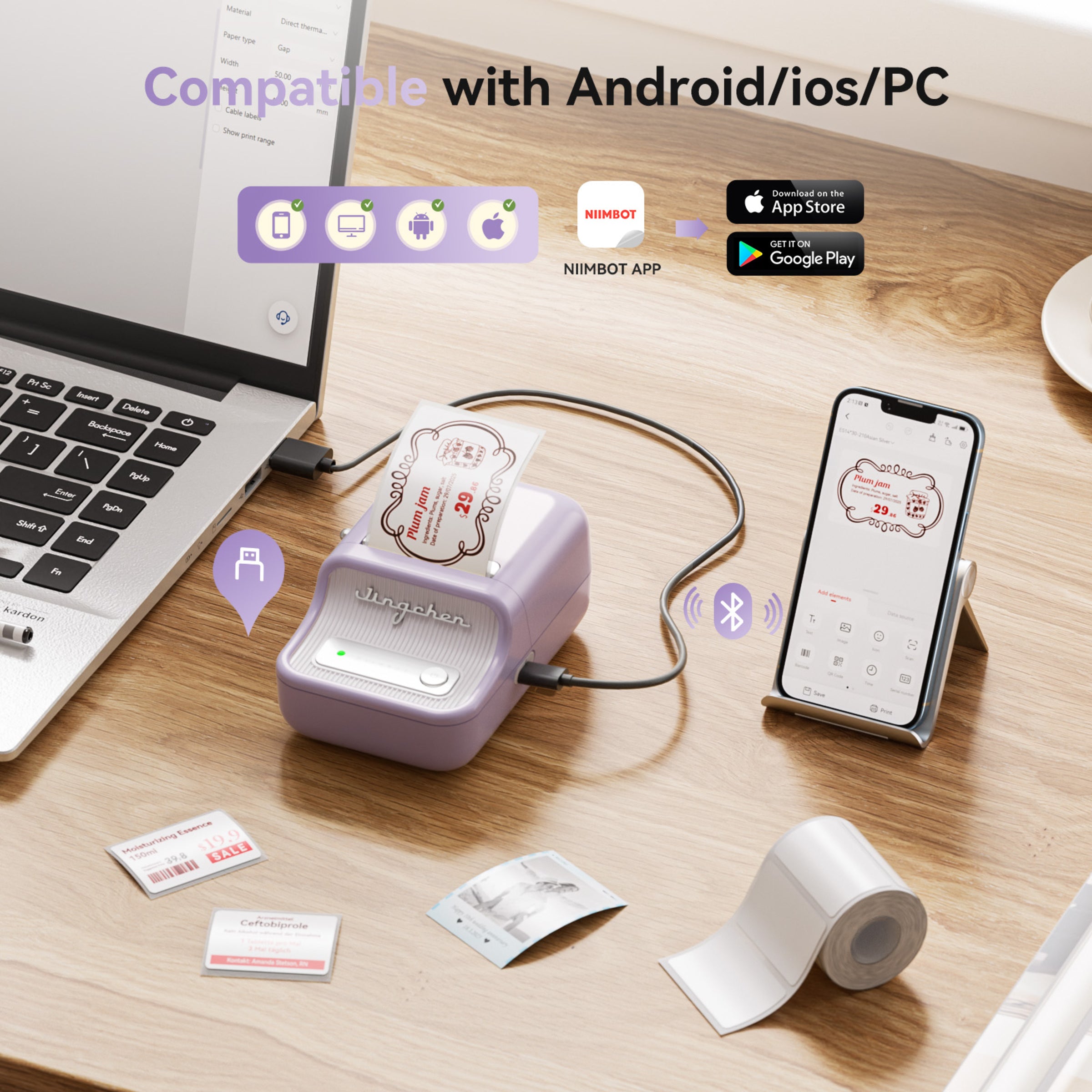 NB607 - NIIMBOT - B21_PRO - 300DPI - PORTABLE THERMAL LABEL BLUETOOTH PRINTER INCL FREE LABEL ROLL (50X30MM)