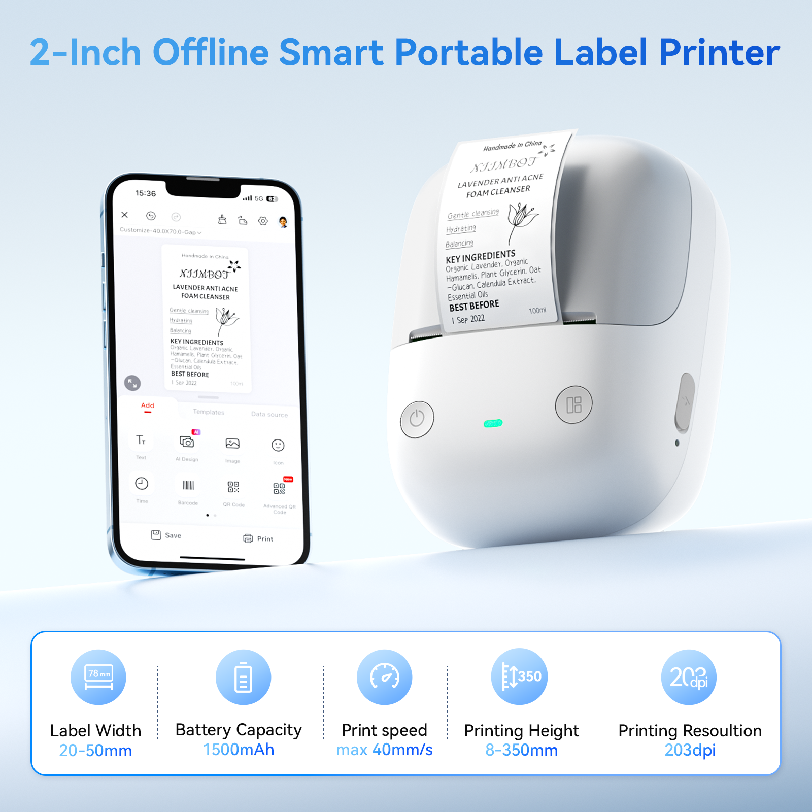 NB807 - NIIMBOT - B2 - 203DPI - PORTABLE THERMAL LABEL PRINTER INCL FREE LABEL ROLL (50X30MM)