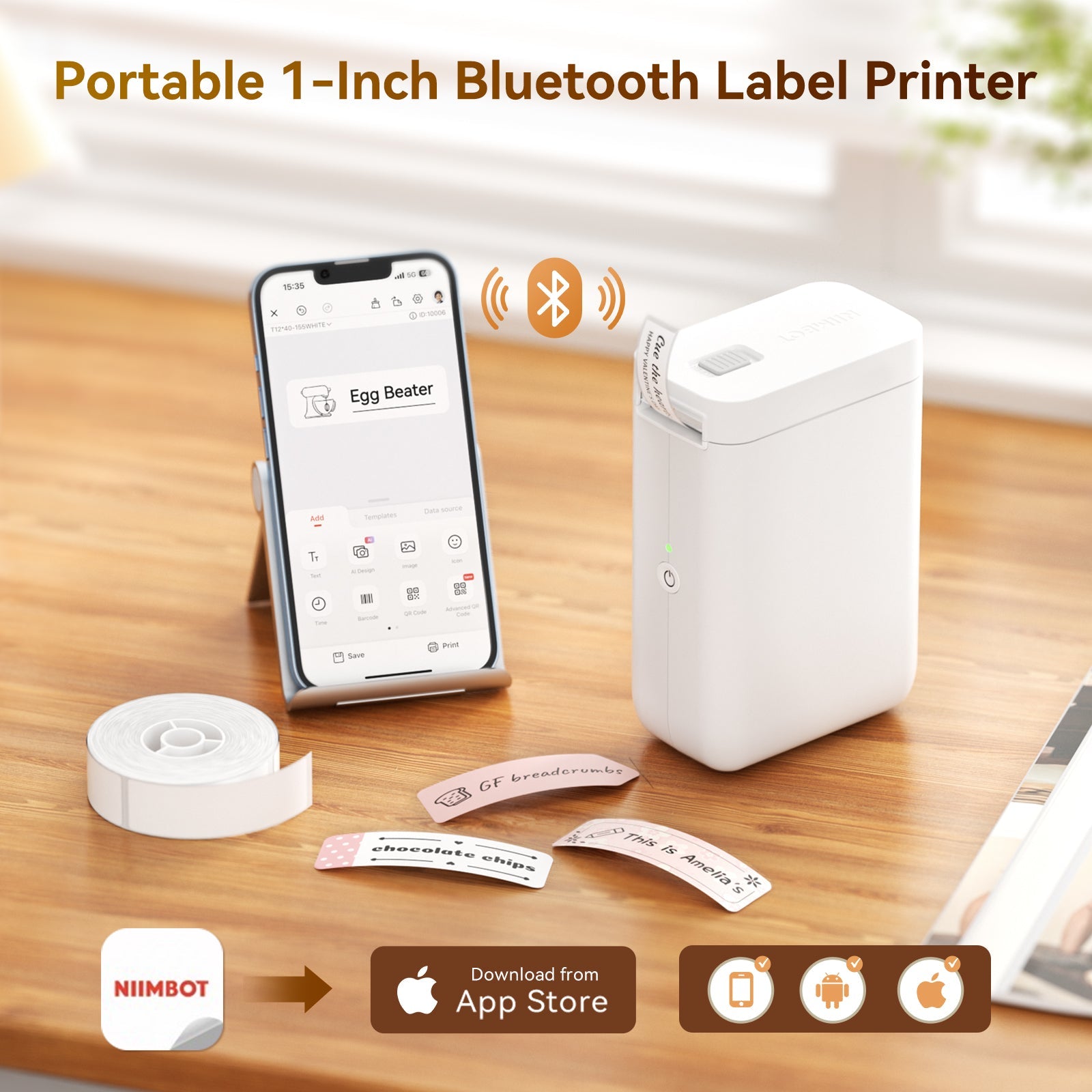 NB121 - NIIMBOT - SLEGS D101 - DRAAGBARE ETIKET BLUETOOTH-DRUKKER INSLUITEND GRATIS ETIKETROL (BREEËR WEERGAWE - 12*40MM - WIT)