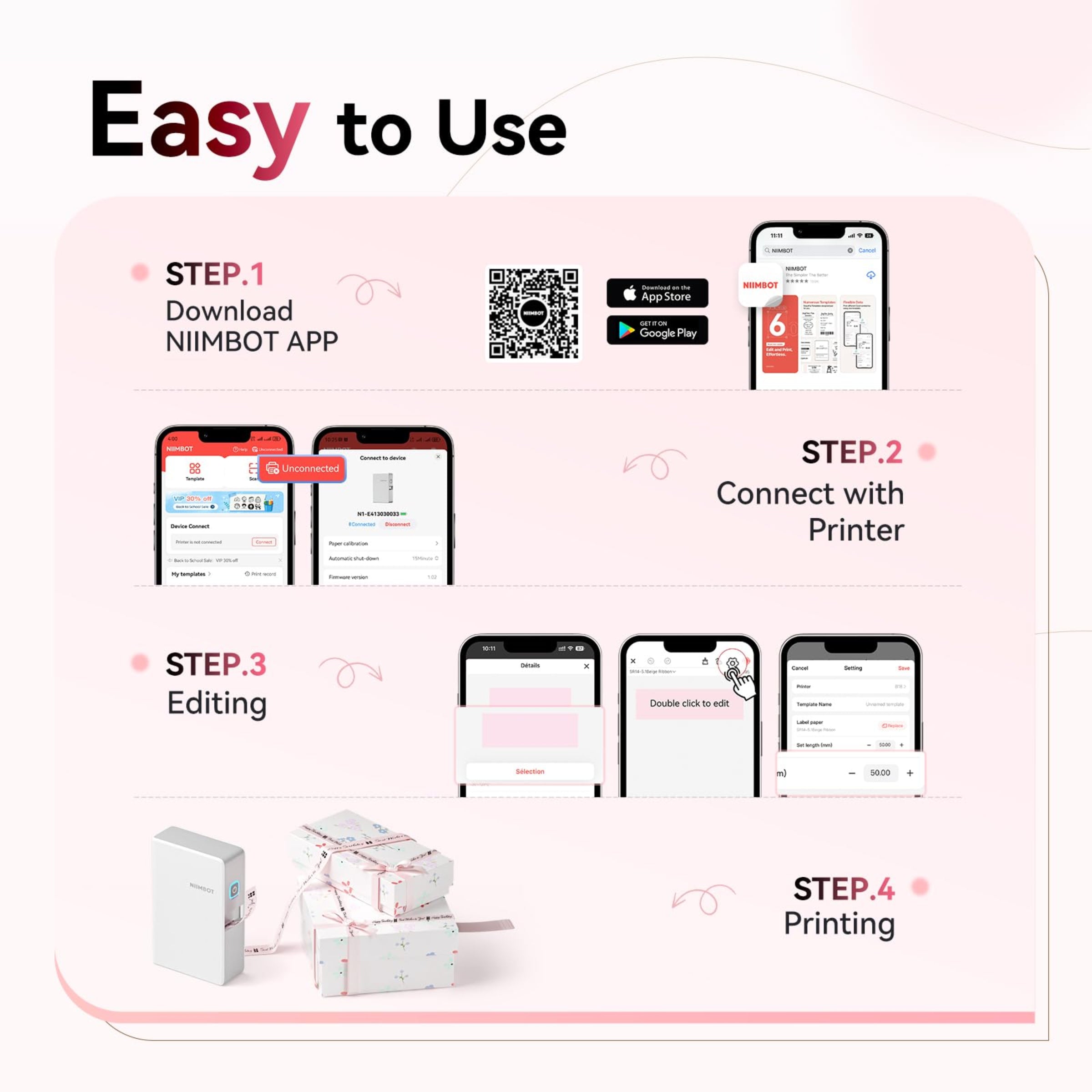 NB624 - NIIMBOT - N1 - BLUETOOTH SATIN RIBBON & LABEL PRINTER KIT INCL BOTH SETS - PINK