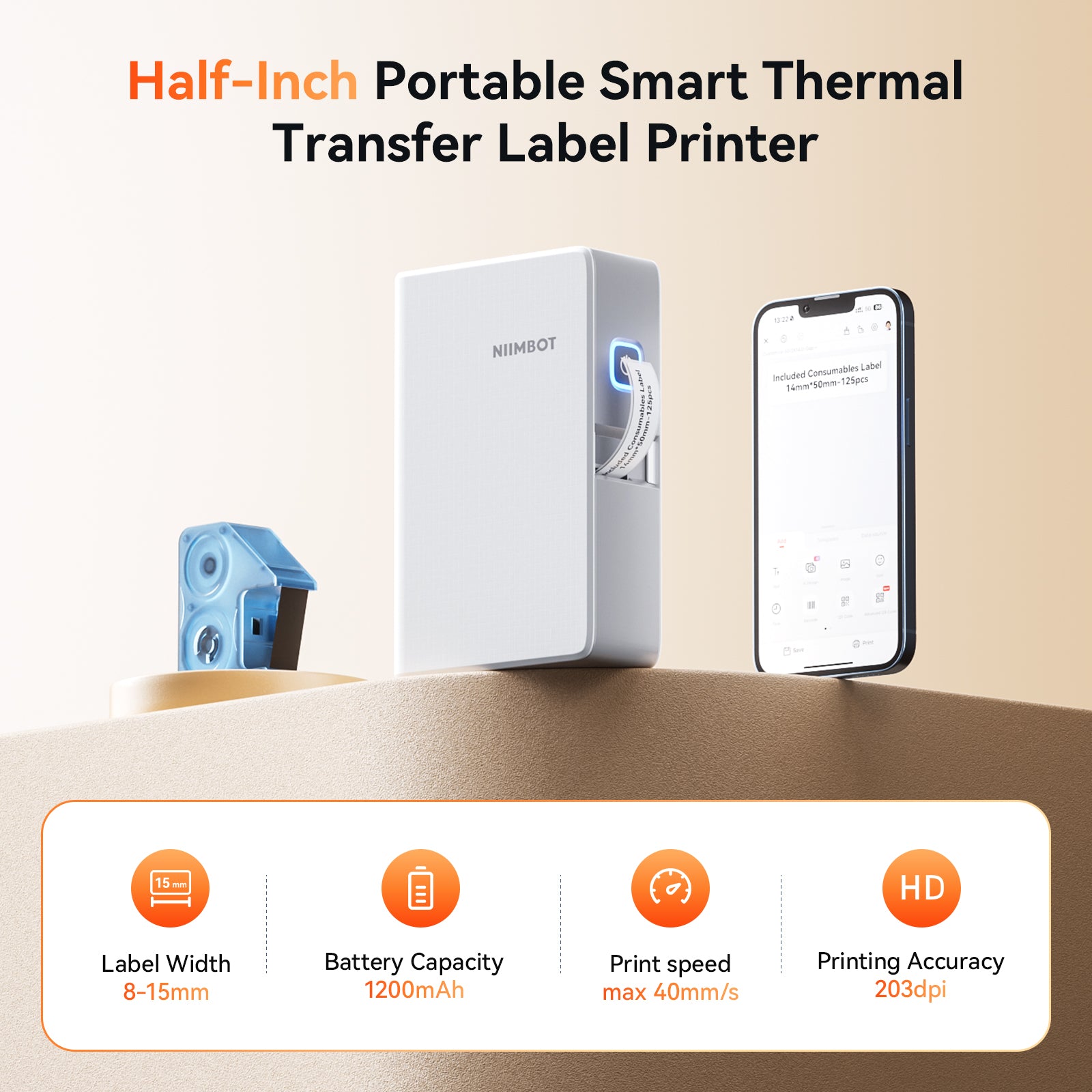 NB623 - NIIMBOT - N1 - BLUETOOTH THERMAL TRANSFER LABEL PRINTER INCL FREE WHITE LABEL & BLACK CARTRIDGE (14X50MM) - IRON ON LABEL MUST BE PURCHASED ADDITIONALLY