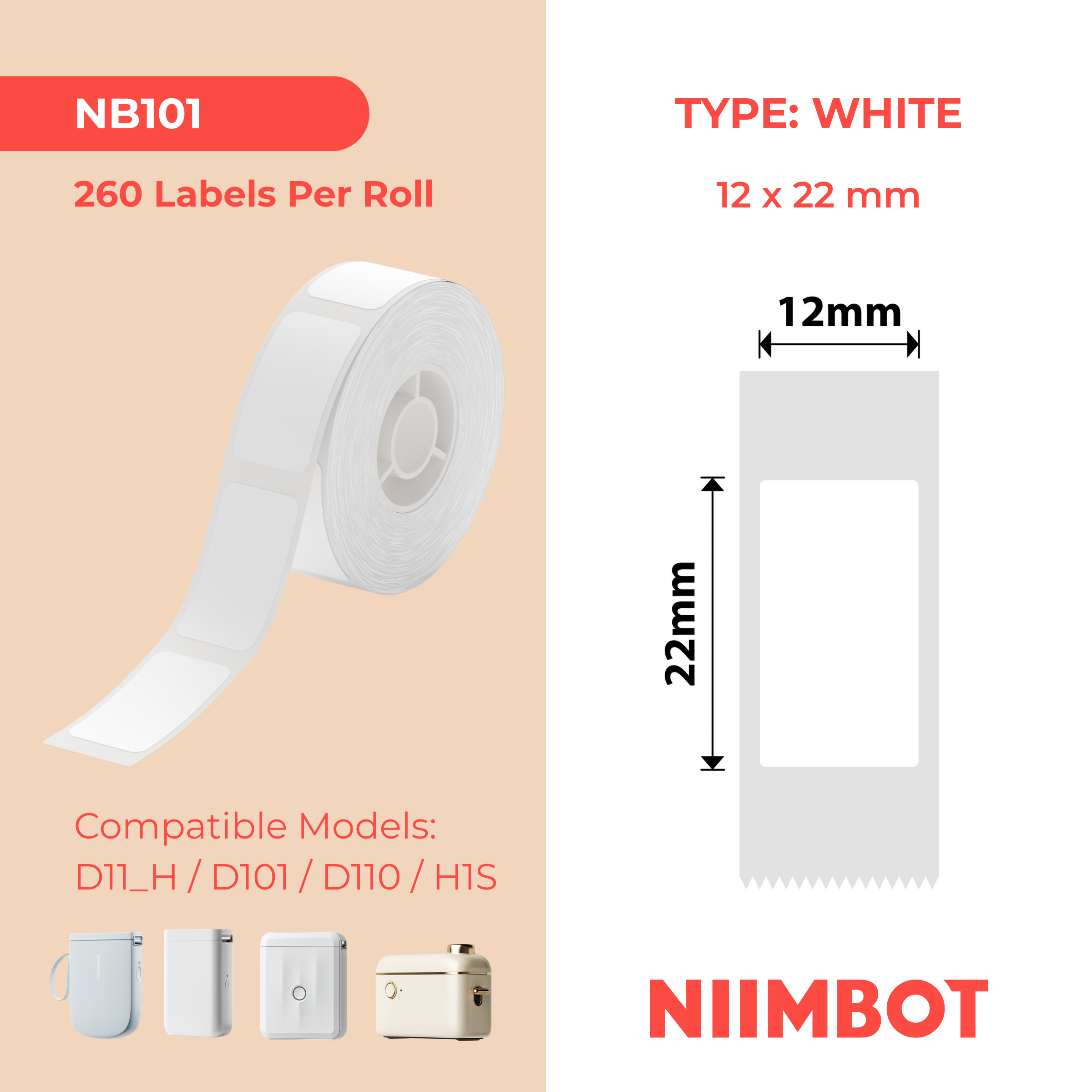 I-NB101 - NIIMBOT - D11 / D101 / D110 - T12*22MM - 260 AMALEBO NGOKUQHUBEKA NGAMUNYE - EMHLOPHE