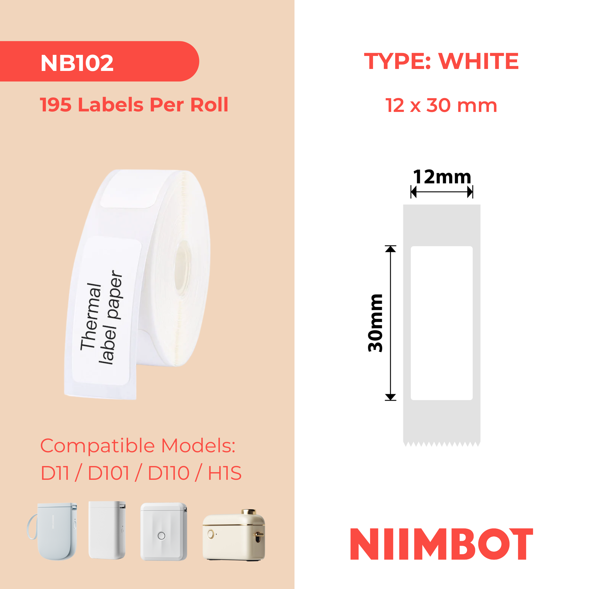 NB102 - NIIMBOT - D11 / D101 / D110 / H1S - 12X30MM - 195 LABELS PER ROLL - WHITE