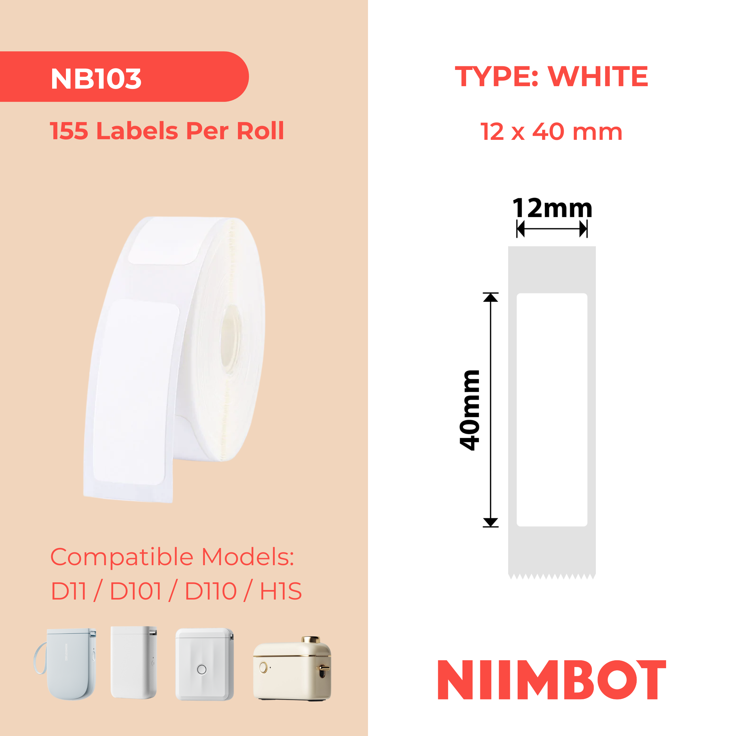I-NB103 - NIIMBOT - D11 / D101 / D110 - T12*40MM - 160 AMALEBO NGOKUQONGA NGAWO - OKUMHLOPHE