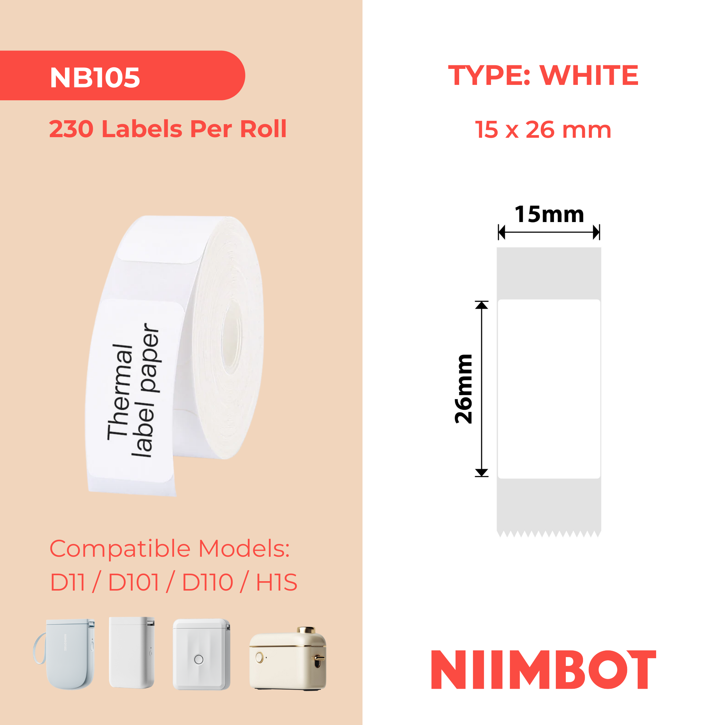 NB105 - NIIMBOT - D11 / D101 / D110 / H1S - 15X26MM - 230 LABELS PER ROLL - WHITE