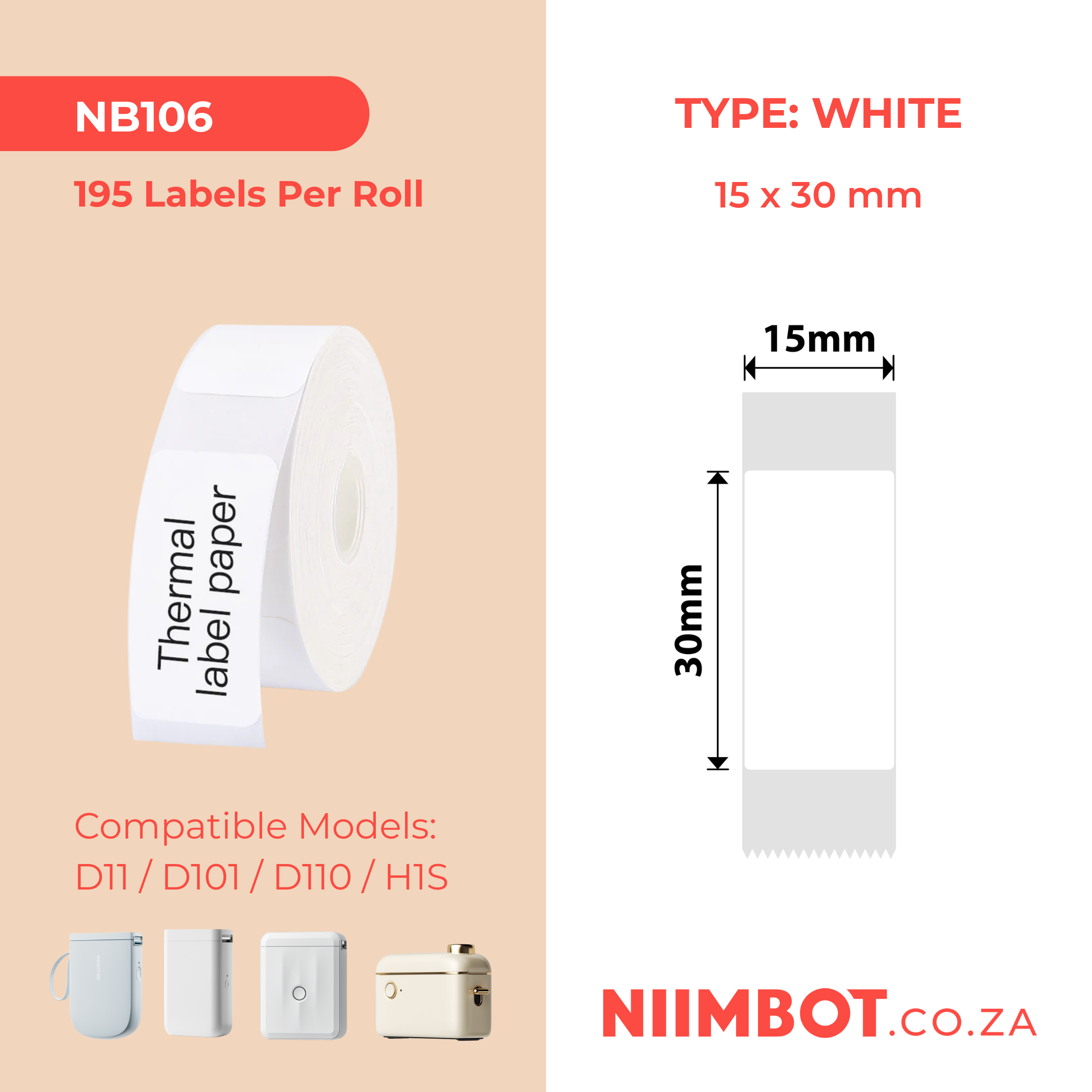 NB106 - NIIMBOT - D11 / D101 / D110 / H1S - 15X30MM - 195 LABELS PER ROLL - WHITE