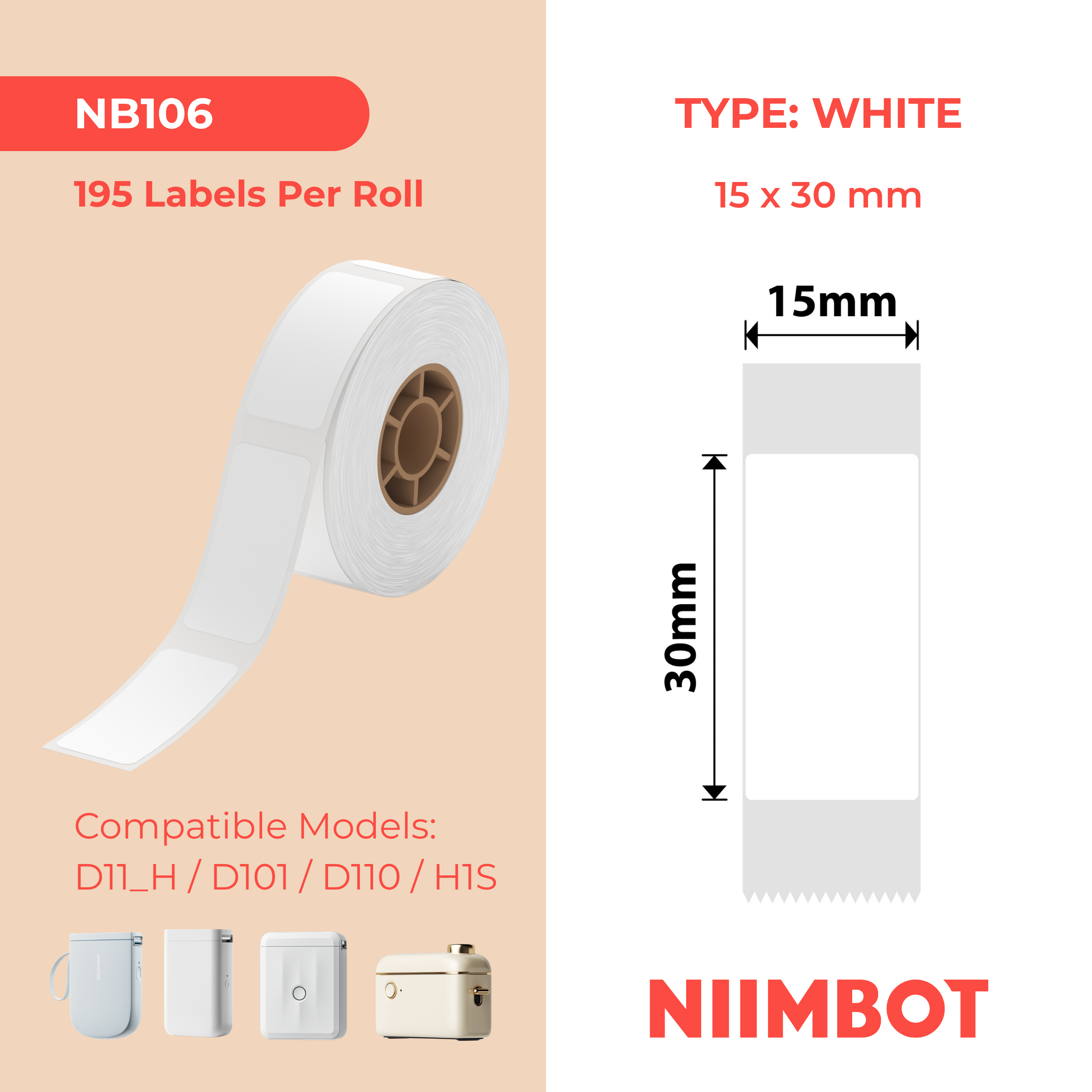 NB106 - NIIMBOT - D11 / D101 / D110 - 15*30MM - 210 AMALEBO NGOKUQONGQWA NGAWO - EMHLOPHE