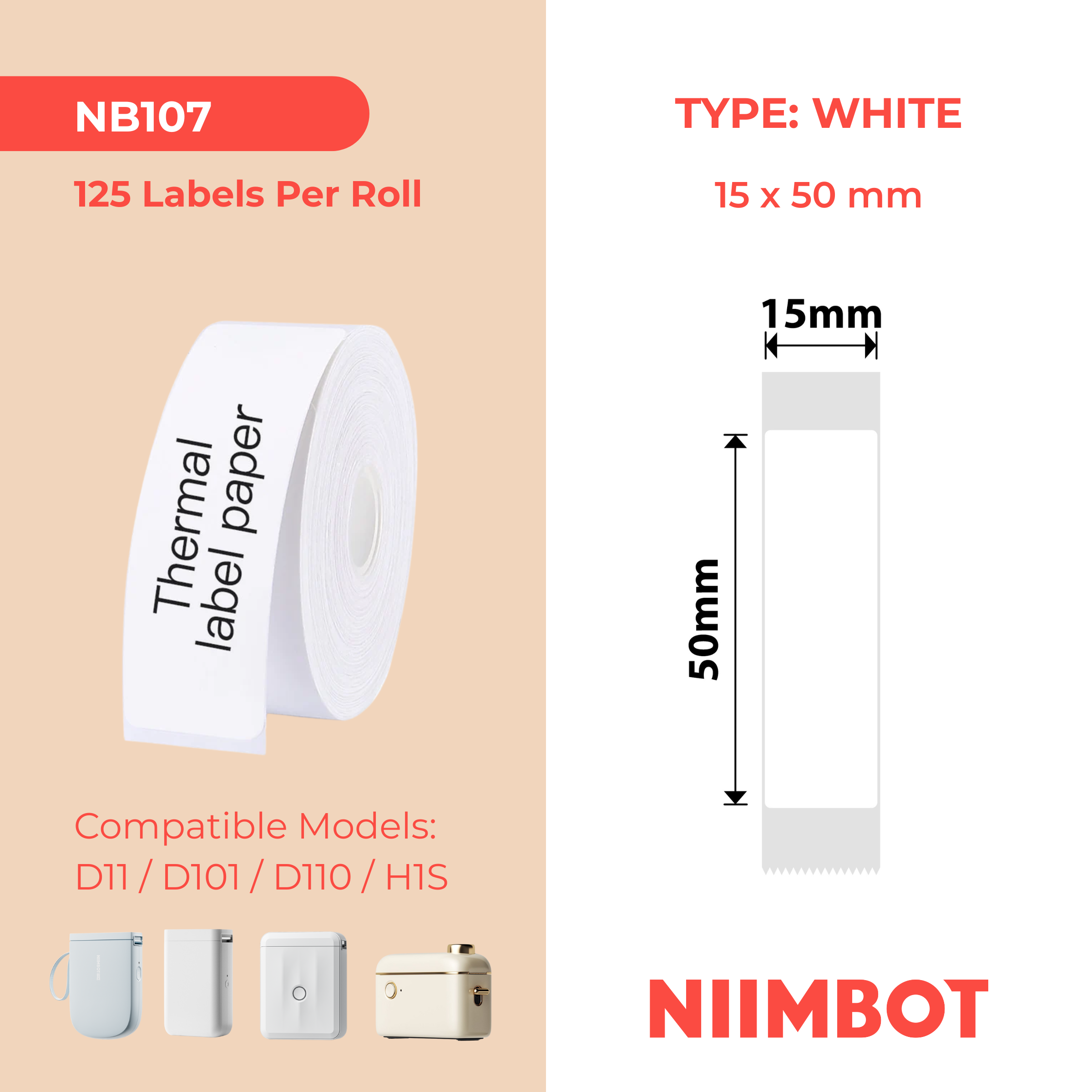 NB107 - NIIMBOT - D11 / D101 / D110 / H1S - 15X50MM - 125 LABELS PER ROLL - WHITE