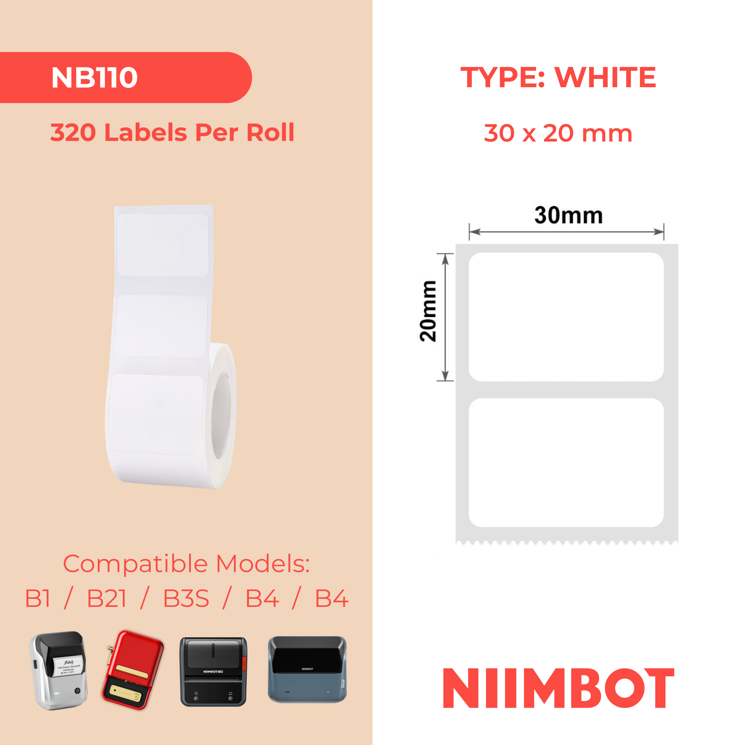 NB110 - NIIMBOT - B1 / B21 / B3S / B4 - T30X20MM - 320 LABELS PER ROLL - WHITE