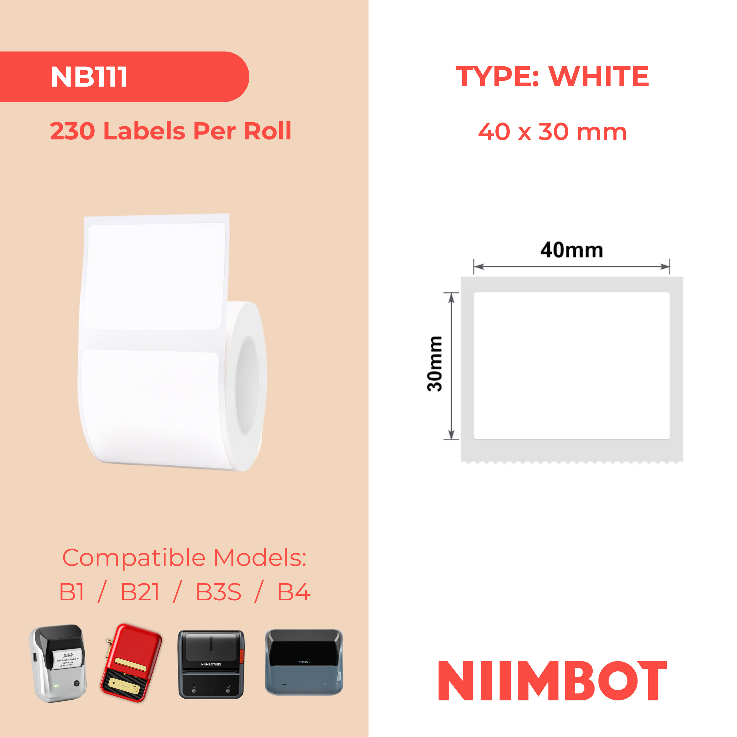 NB111 - NIIMBOT - B1 / B21 / B3S - T40*30MM - 230 ETIKETTE PER ROL - WIT