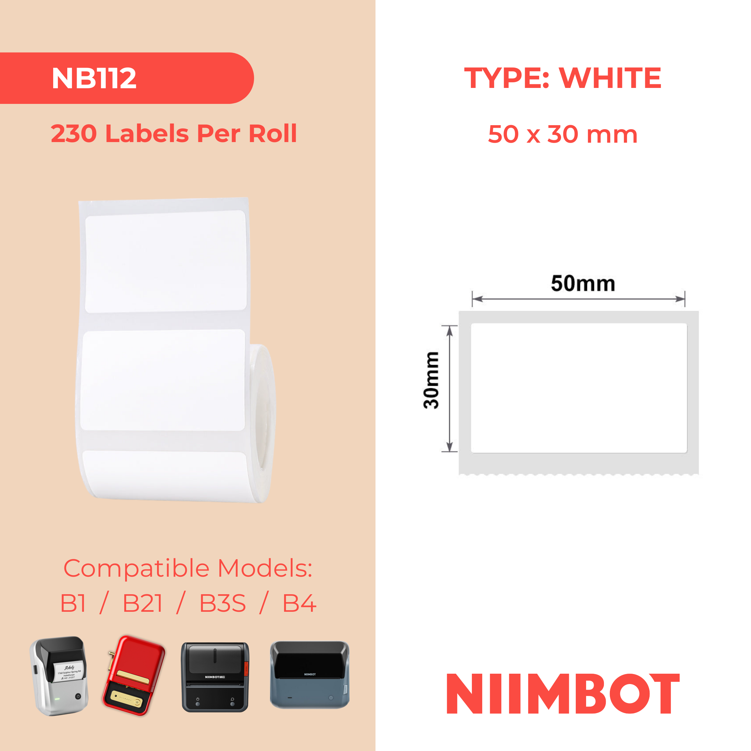 NB112 - Niimbot - B1 / B21 / B31 / B3S / B4 - 50x30mm - 230 White Labels