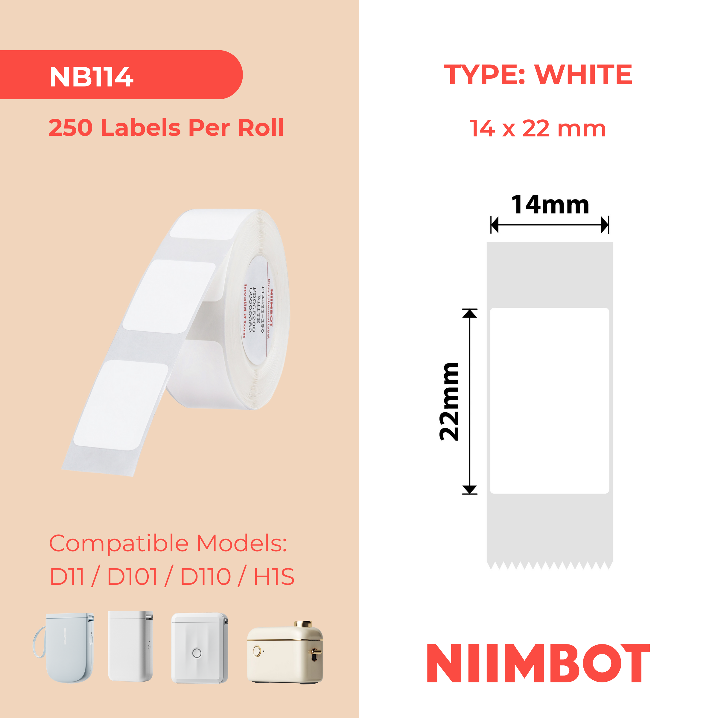 NB114 - NIIMBOT - D11 / D101 / D110 / H1S - 14X22MM - 250 LABELS PER ROLL - RECTANGLE - WHITE