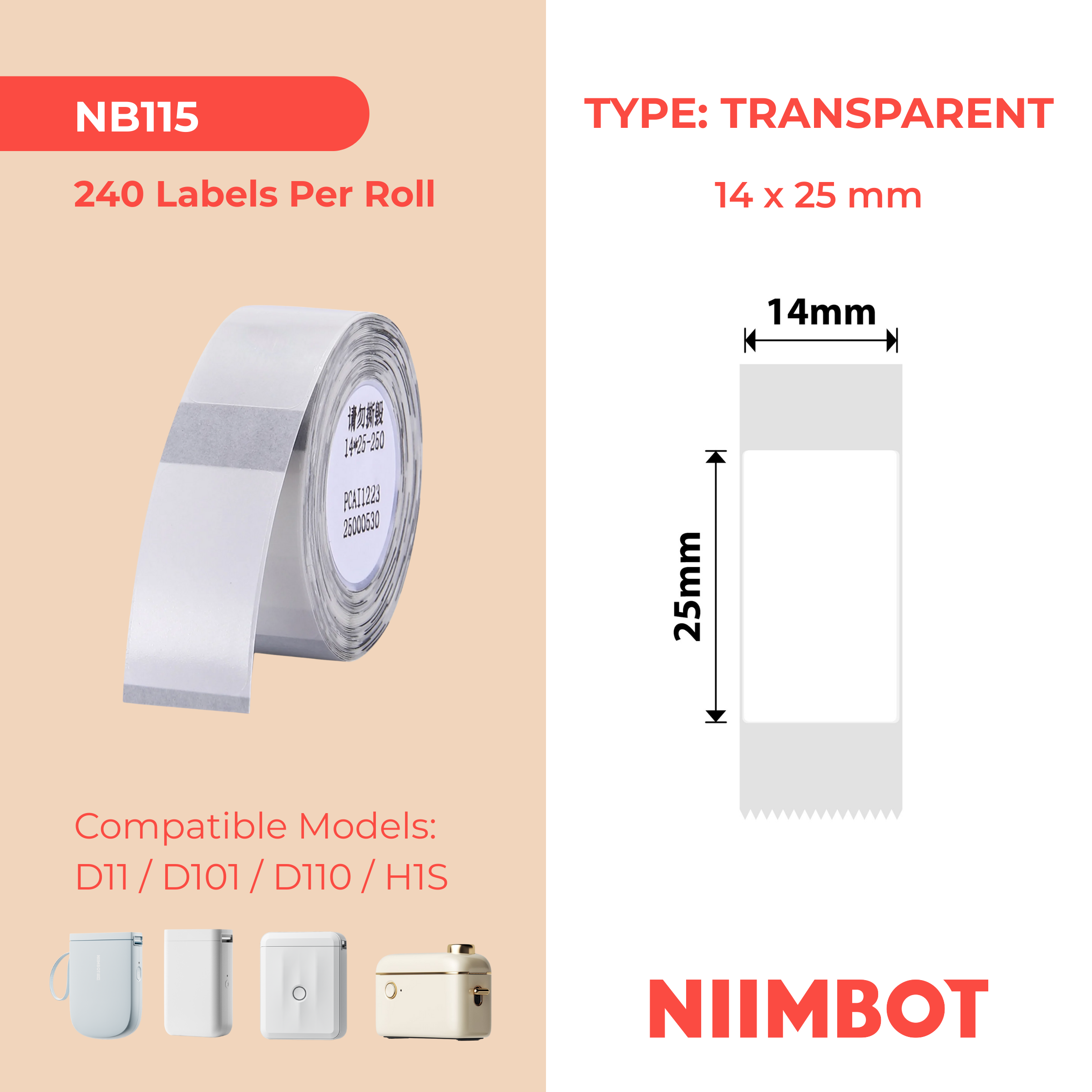 NB115 - NIIMBOT - D11 / D101 / D110 / H1S - 14X25MM - 240 LABELS PER ROLL - TRANSPARENT