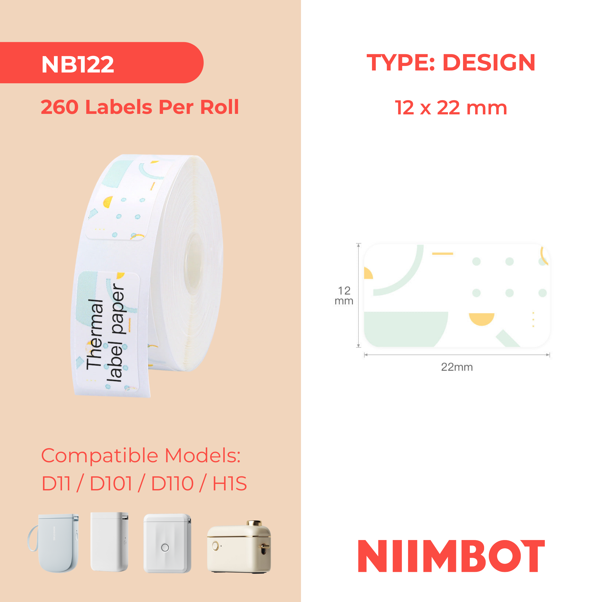 NB122 - NIIMBOT - D11 / D101 / D110 / H1S - 12X22MM - 260 THERMAL LABELS - POLKA DOTS DESIGN