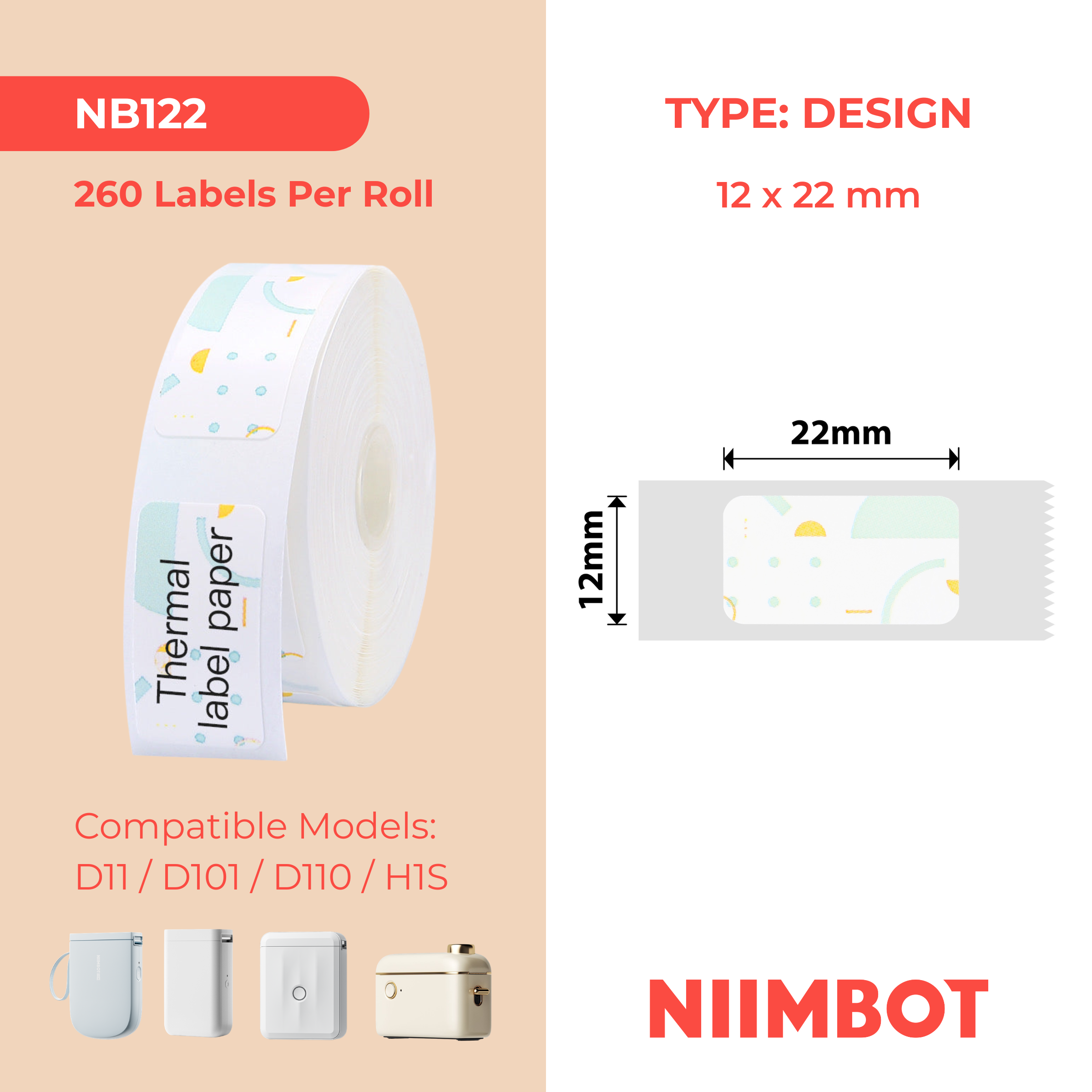 NB122 - NIIMBOT - D11 / D101 / D110 - 12*22MM - 260 TERMIESE ETIKETTE - POLKA DOTS-ONTWERP