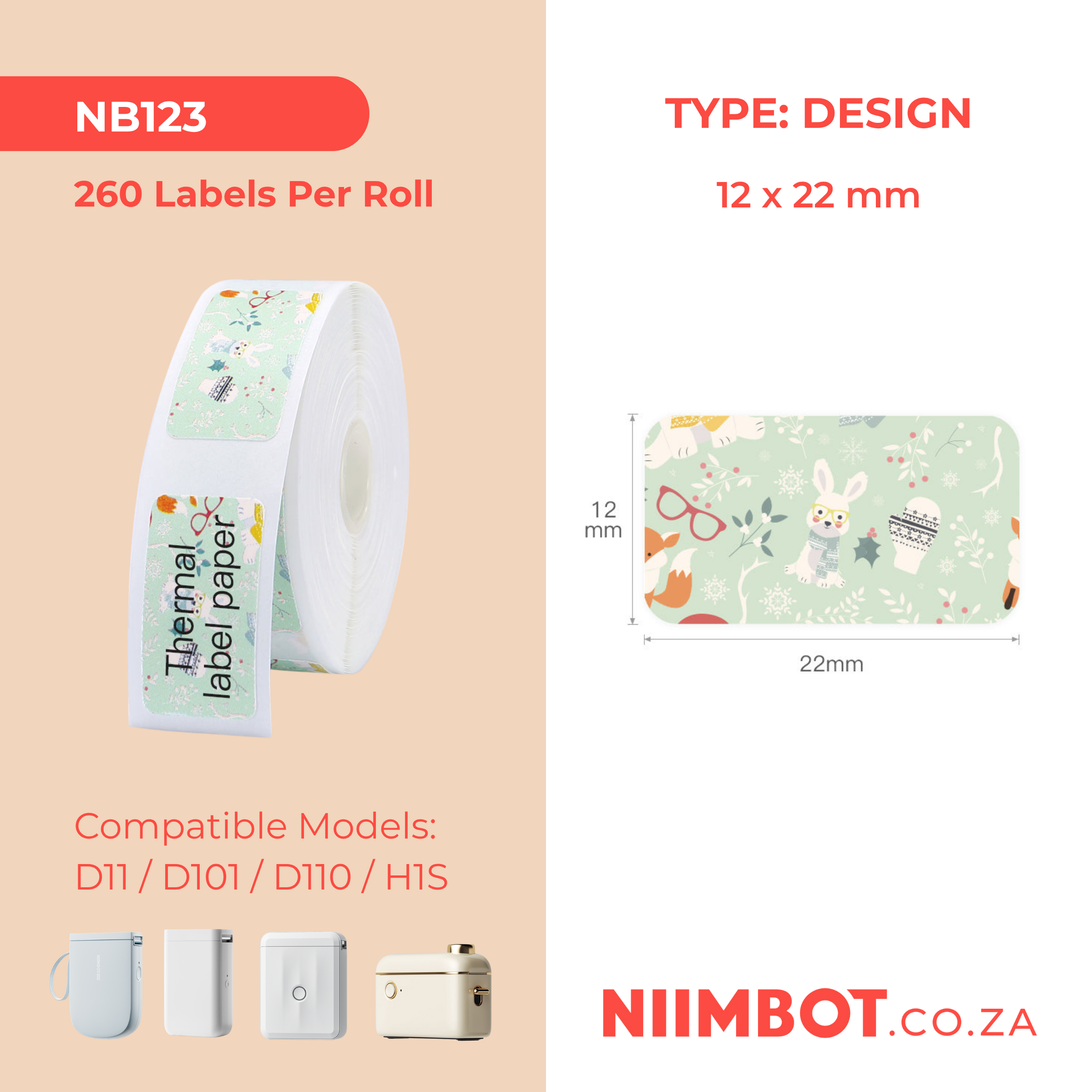 NB123 - NIIMBOT - D11 / D101 / D110 - 12*22MM - 260 THERMAL LABELS - RABBIT GREEN DESIGN