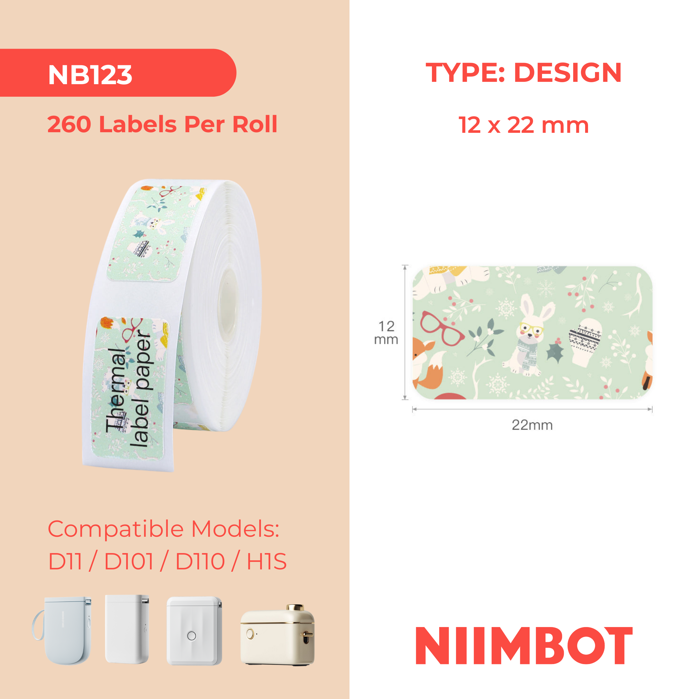 NB123 - NIIMBOT - D11 / D101 / D110 / H1S - 12X22MM - 260 THERMAL LABELS - RABBIT GREEN DESIGN