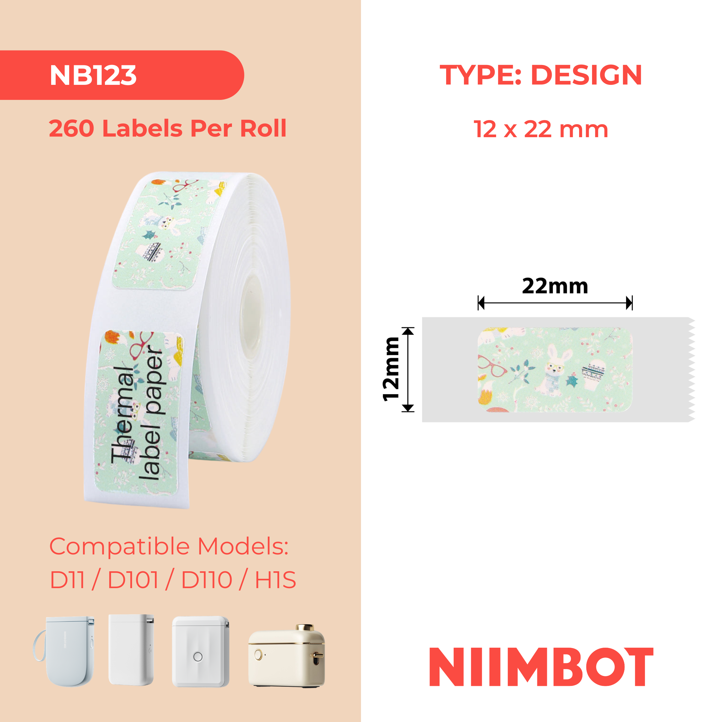 NB123 - NIIMBOT - D11 / D101 / D110 - 12*22MM - 260 TERMIESE ETIKETTE - KONYNGROEN ONTWERP