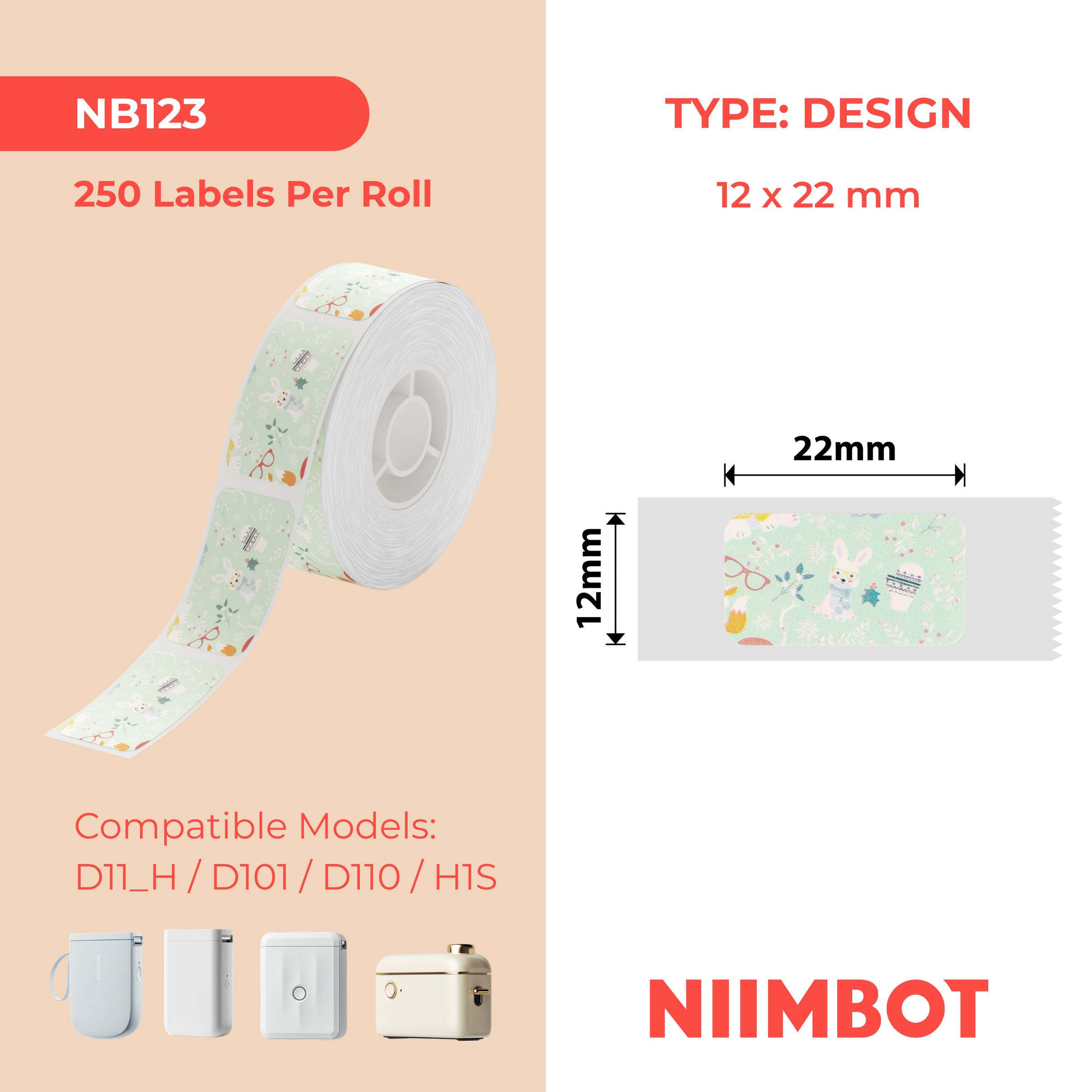 I-NB123 - NIIMBOT - D11 / D101 / D110 - 12*22MM - 260 AMALEBELE OKUTHETHAYO - UMGAQO OKULUHLAZA