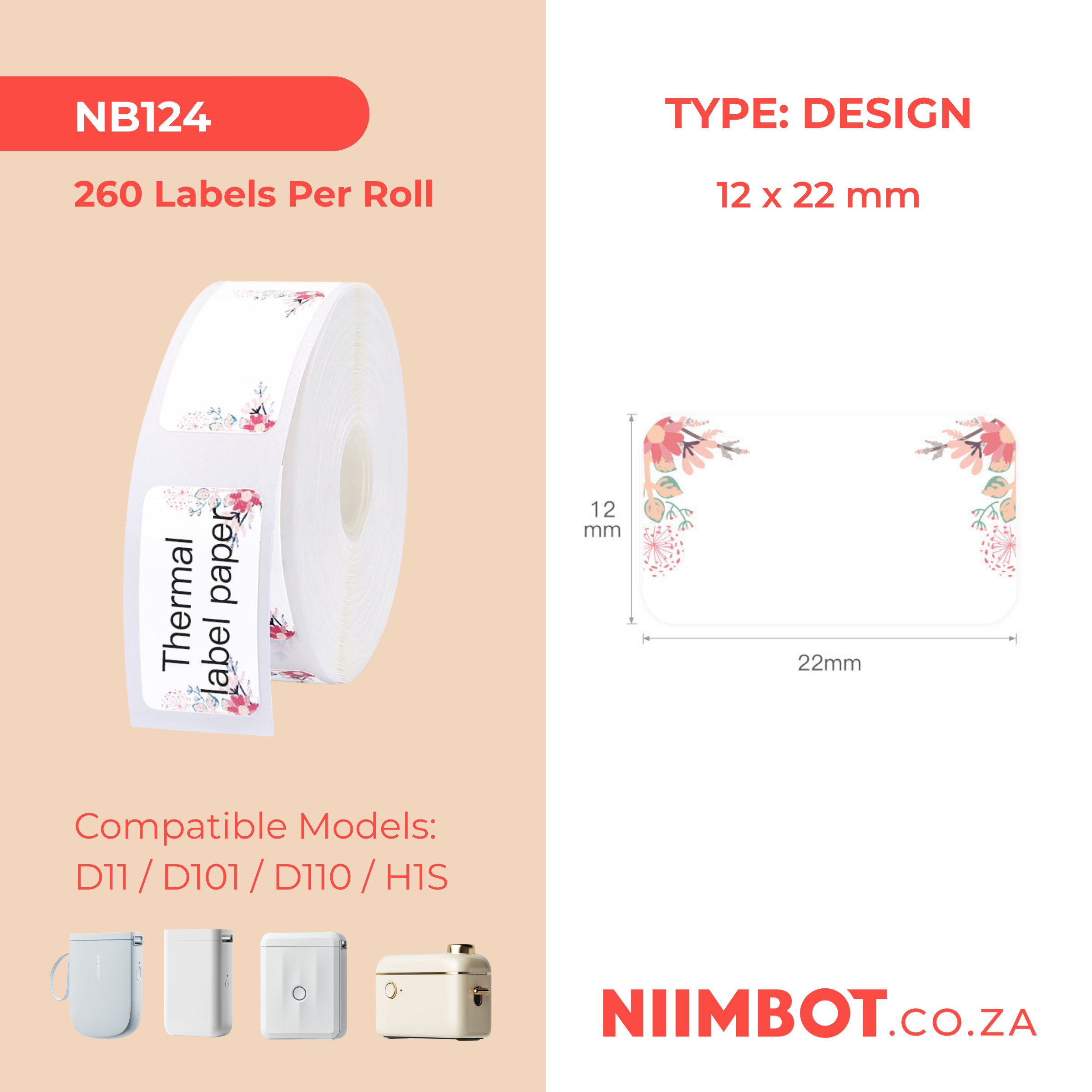 NB124 - NIIMBOT - D11 / D101 / D110 - 12*22MM - 260 THERMAL LABELS - SPRING RED DESIGN