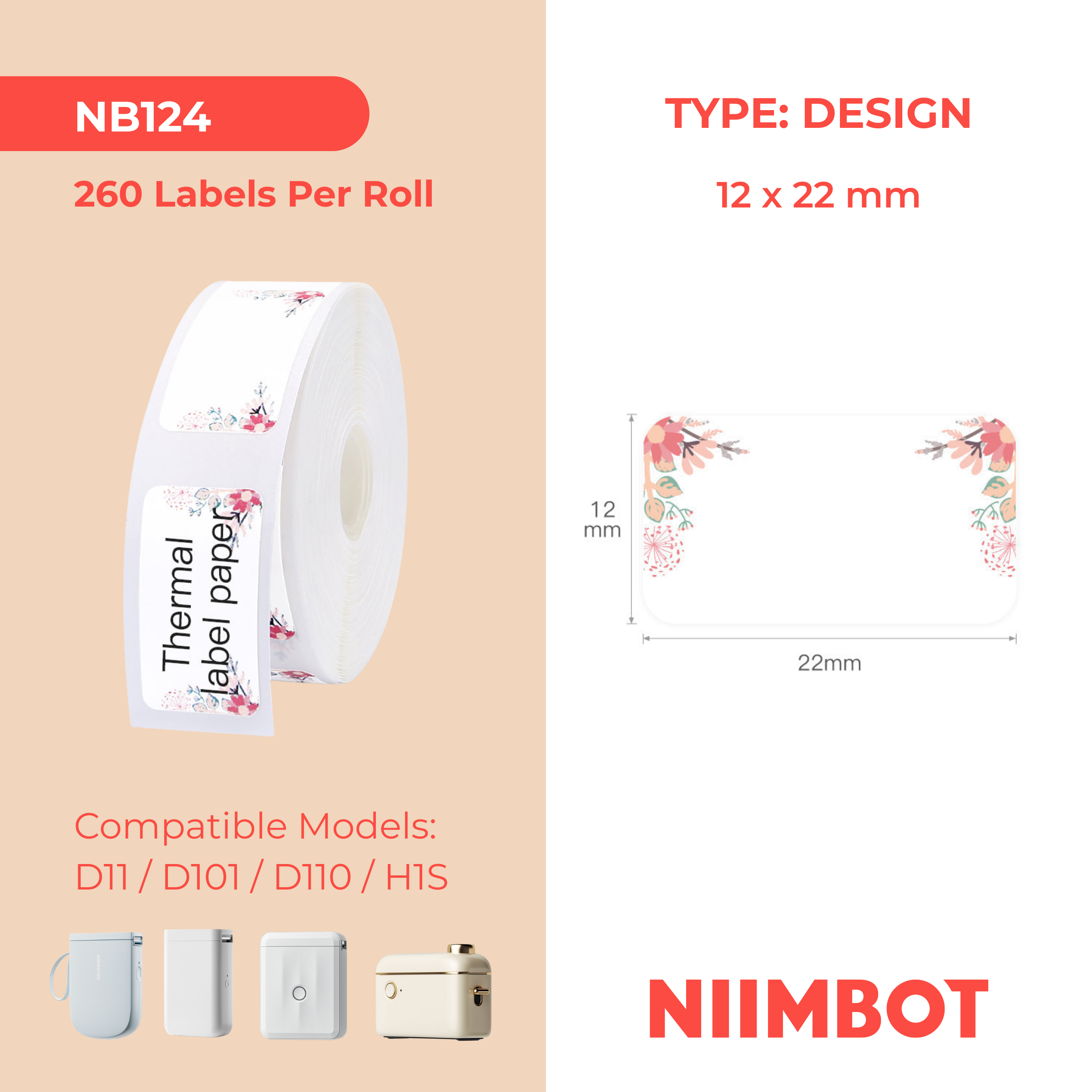 NB124 - NIIMBOT - D11 / D101 / D110 / H1S - 12X22MM - 260 THERMAL LABELS - SPRING RED DESIGN