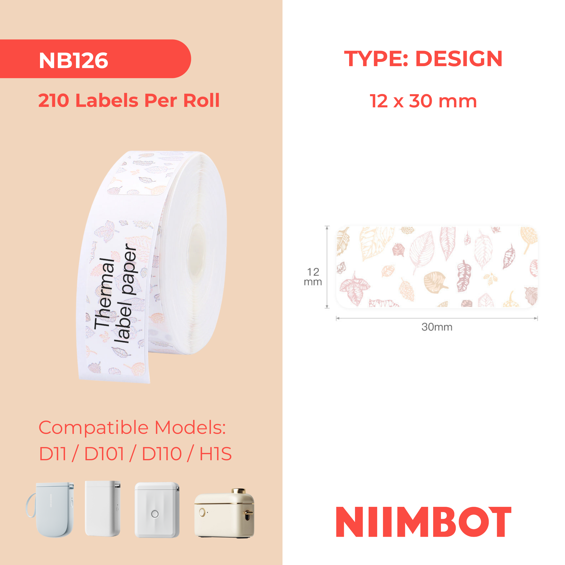 NB126 - NIIMBOT - D11 / D101 / D110 / H1S - 12X30MM - 210 THERMAL LABELS - MAPLE LEAF DESIGN