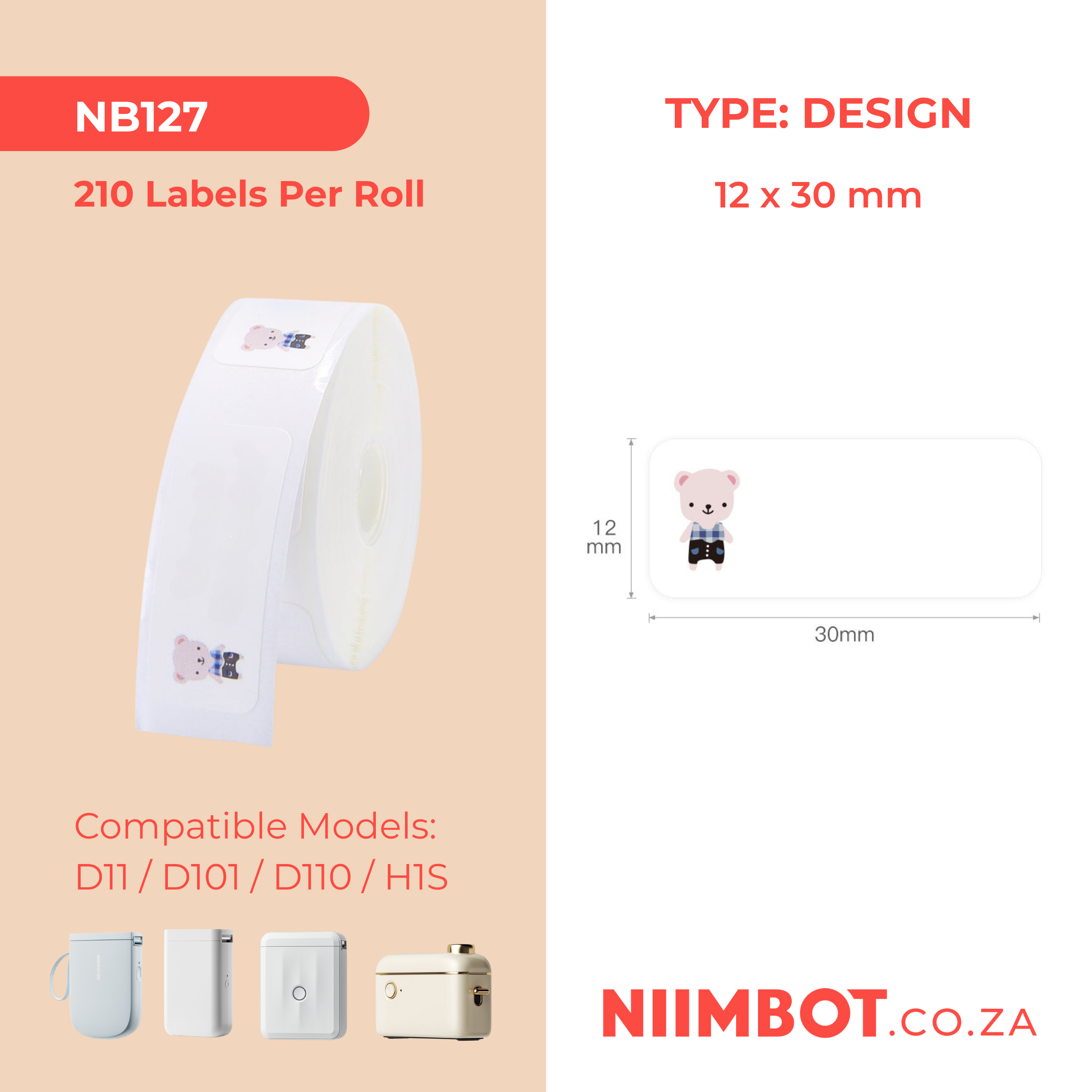 NB127 - NIIMBOT - D11 / D101 / D110 - 12*30MM - 210 THERMAL LABELS - BABY BEAR DESIGN