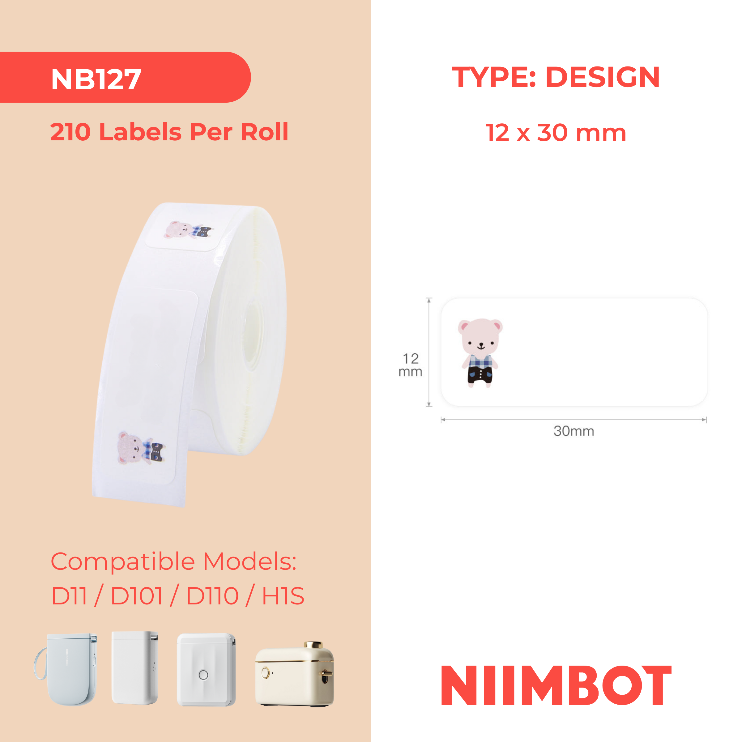 NB127 - NIIMBOT - D11 / D101 / D110 / H1S - 12X30MM - 210 THERMAL LABELS - BABY BEAR DESIGN