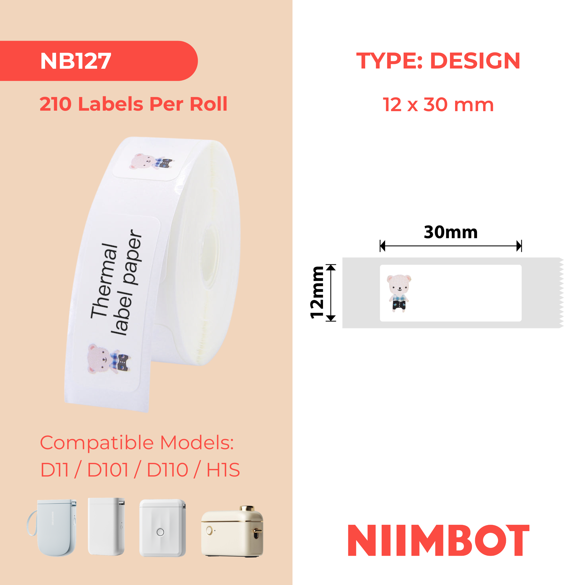 NB127 - NIIMBOT - D11 / D101 / D110 - 12*30MM - 210 TERMIESE ETIKETTE - BABA BEER ONTWERP