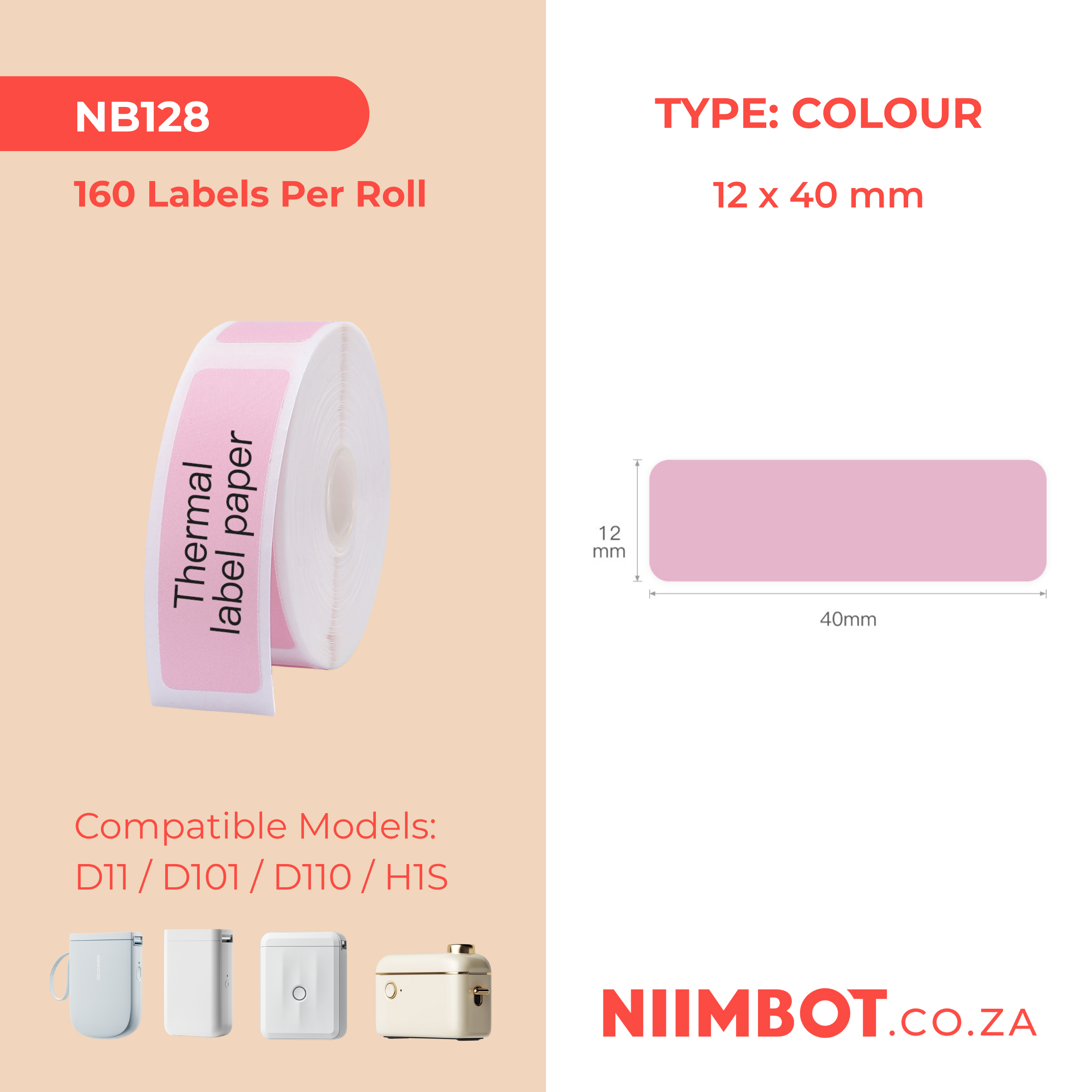 NB128 - NIIMBOT - D11 / D101 / D110 - 12*40MM - 160 THERMAL LABELS - SOLID PINK DESIGN