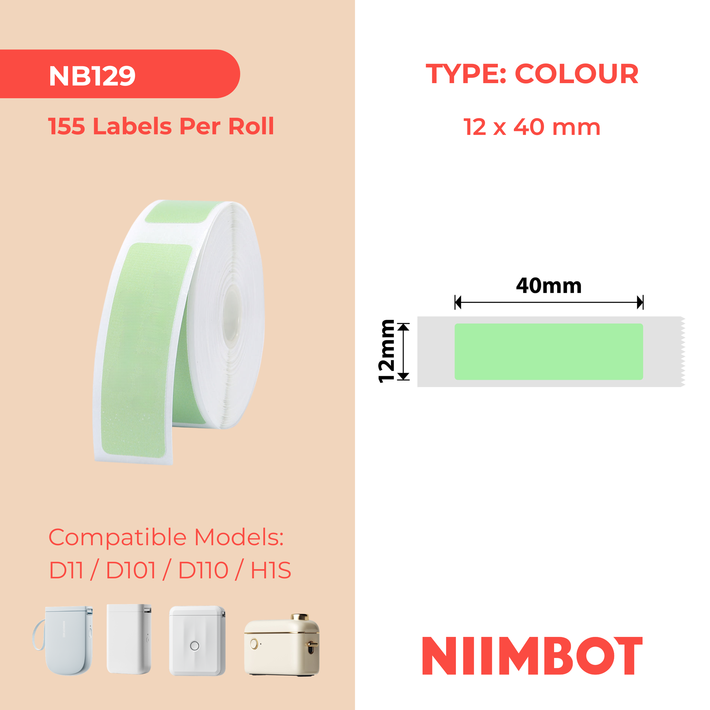 NB129 - NIIMBOT - D11 / D101 / D110 - 12*40MM - 160 TERMIESE ETIKETTE - SOLIEDE GROEN ONTWERP
