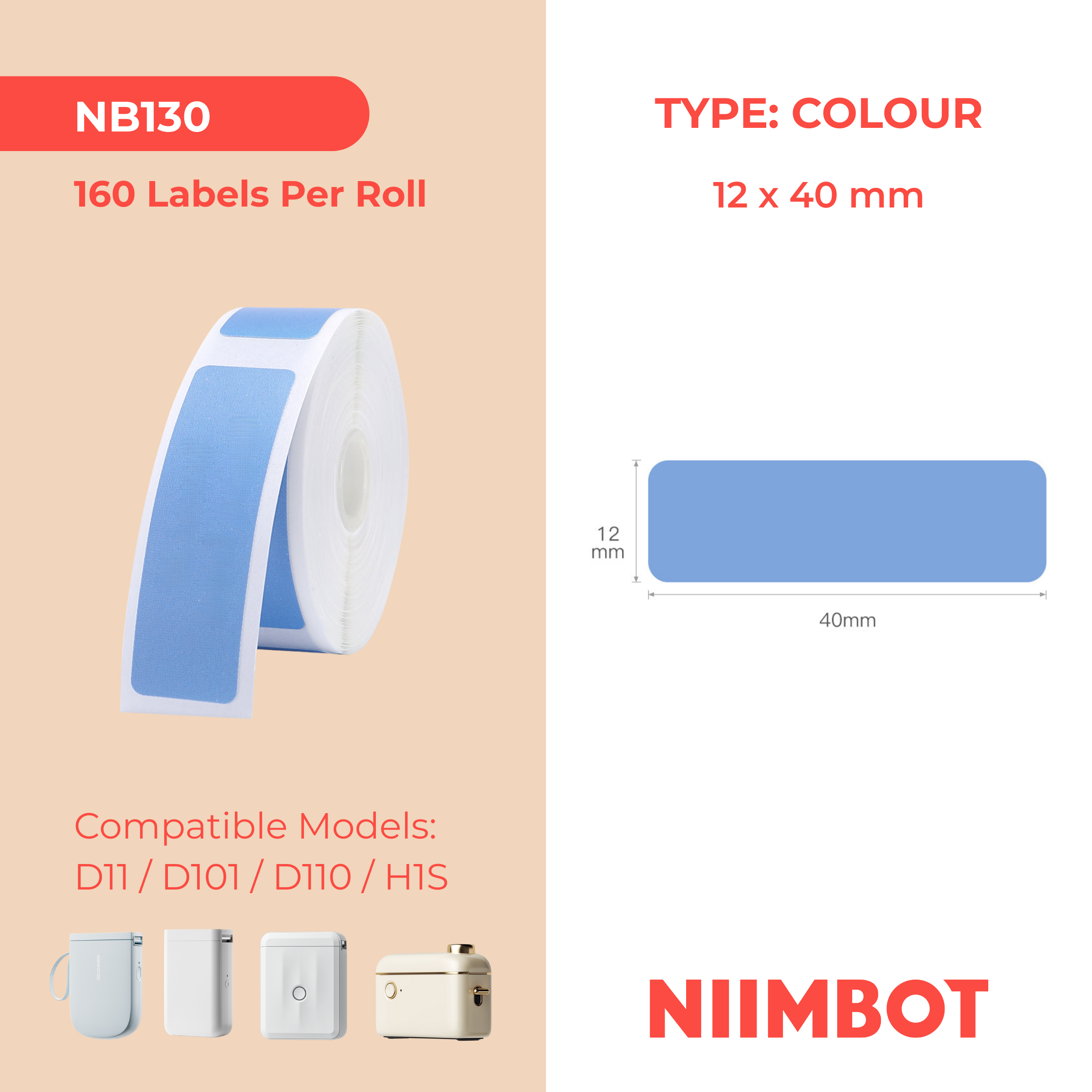 NB130 - NIIMBOT - D11 / D101 / D110 / H1S - 12X40MM - 160 THERMAL LABELS - SOLID BLUE
