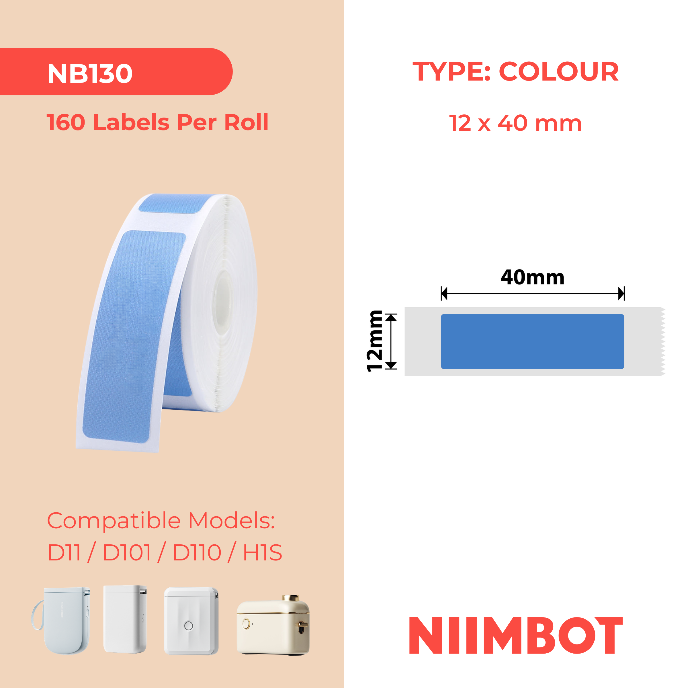 I-NB130 - NIIMBOT - D11 / D101 / D110 - 12*40MM - 160 AMALEBELE OKUTHETHELELAYO - UMBALA OYI-SOLID OBLUU