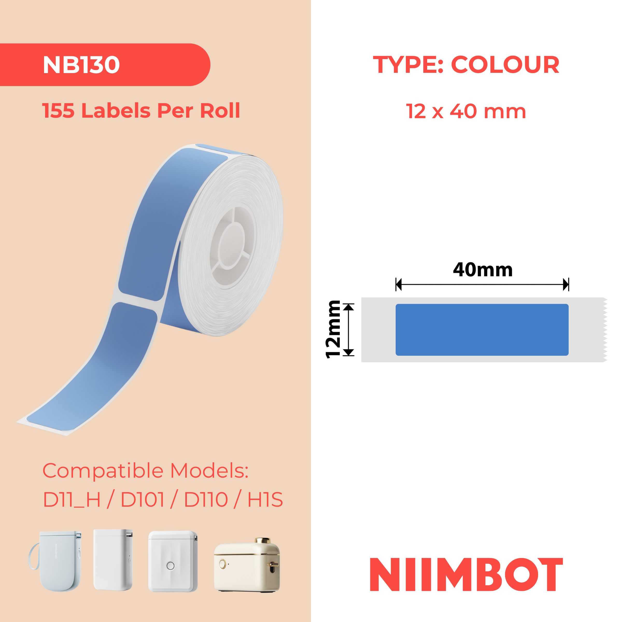 I-NB130 - NIIMBOT - D11 / D101 / D110 - 12*40MM - 160 AMALEBELE OKUTHETHELELAYO - UMBALA OYI-SOLID OBLUU