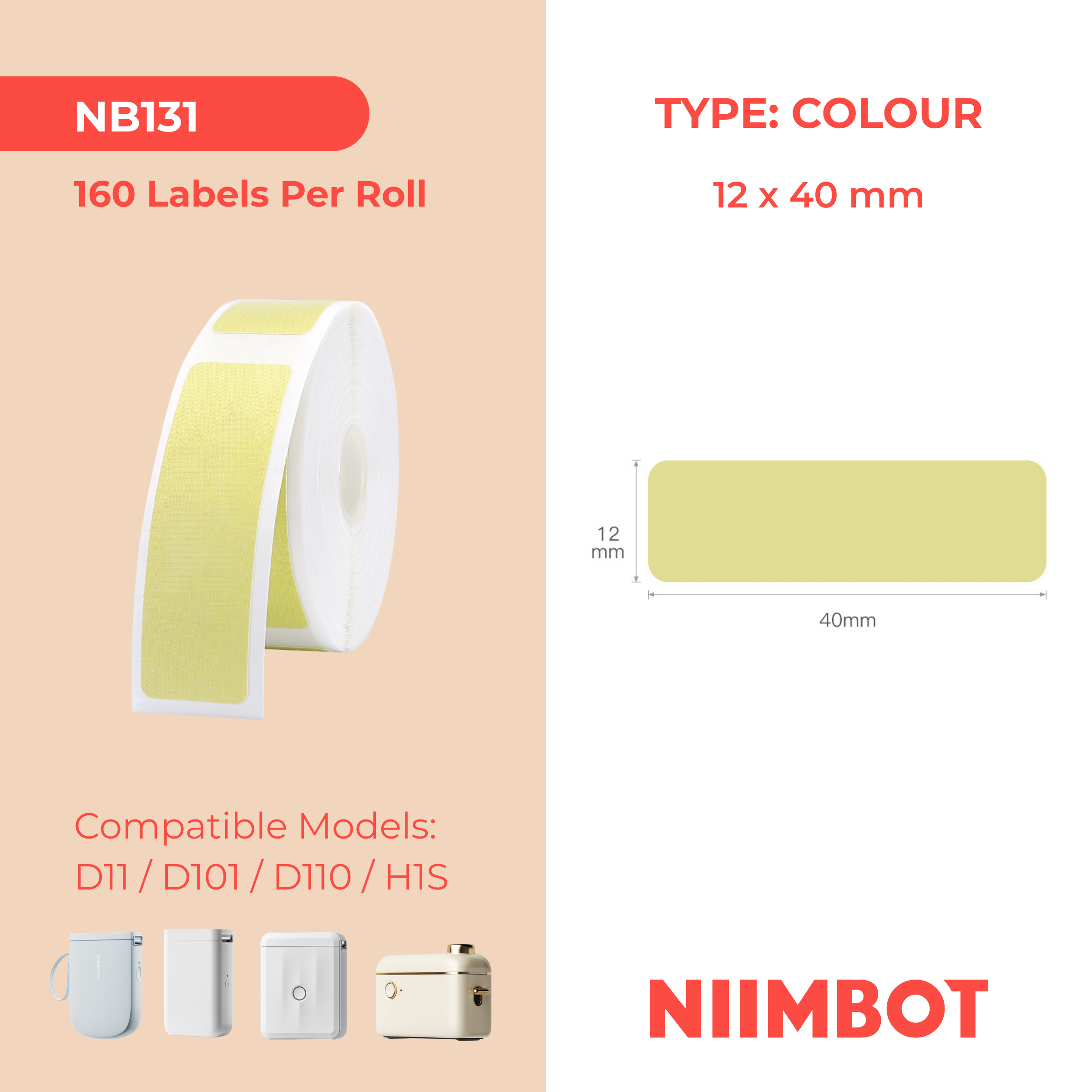 NB131 - NIIMBOT - D11 / D101 / D110 / H1S - 12X40MM - 160 THERMAL LABELS - SOLD DARK YELLOW