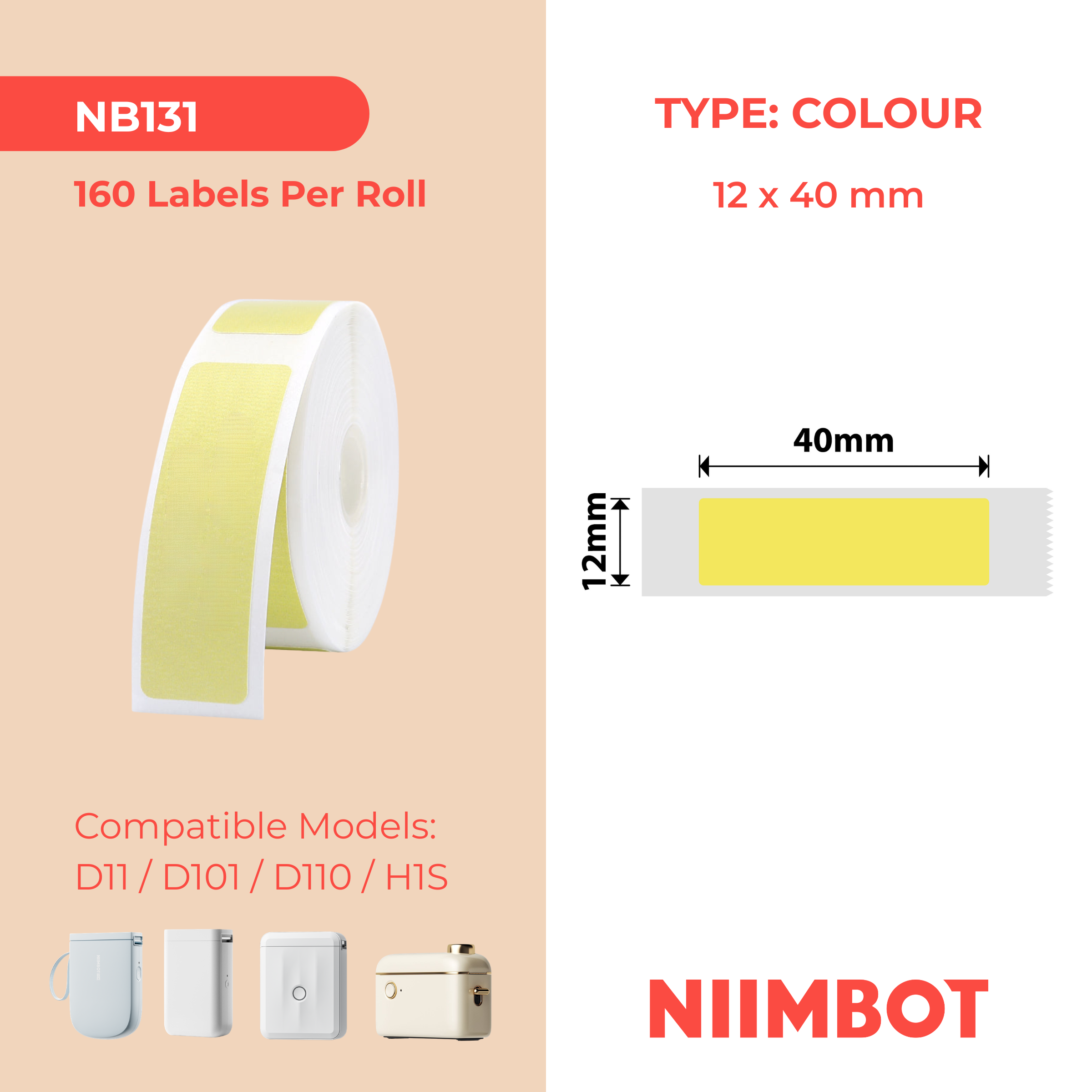 NB131 - NIIMBOT - D11 / D101 / D110 - 12*40MM - 160 TERMIESE ETIKETTE - VERKOOP DONKERGEEL ONTWERP