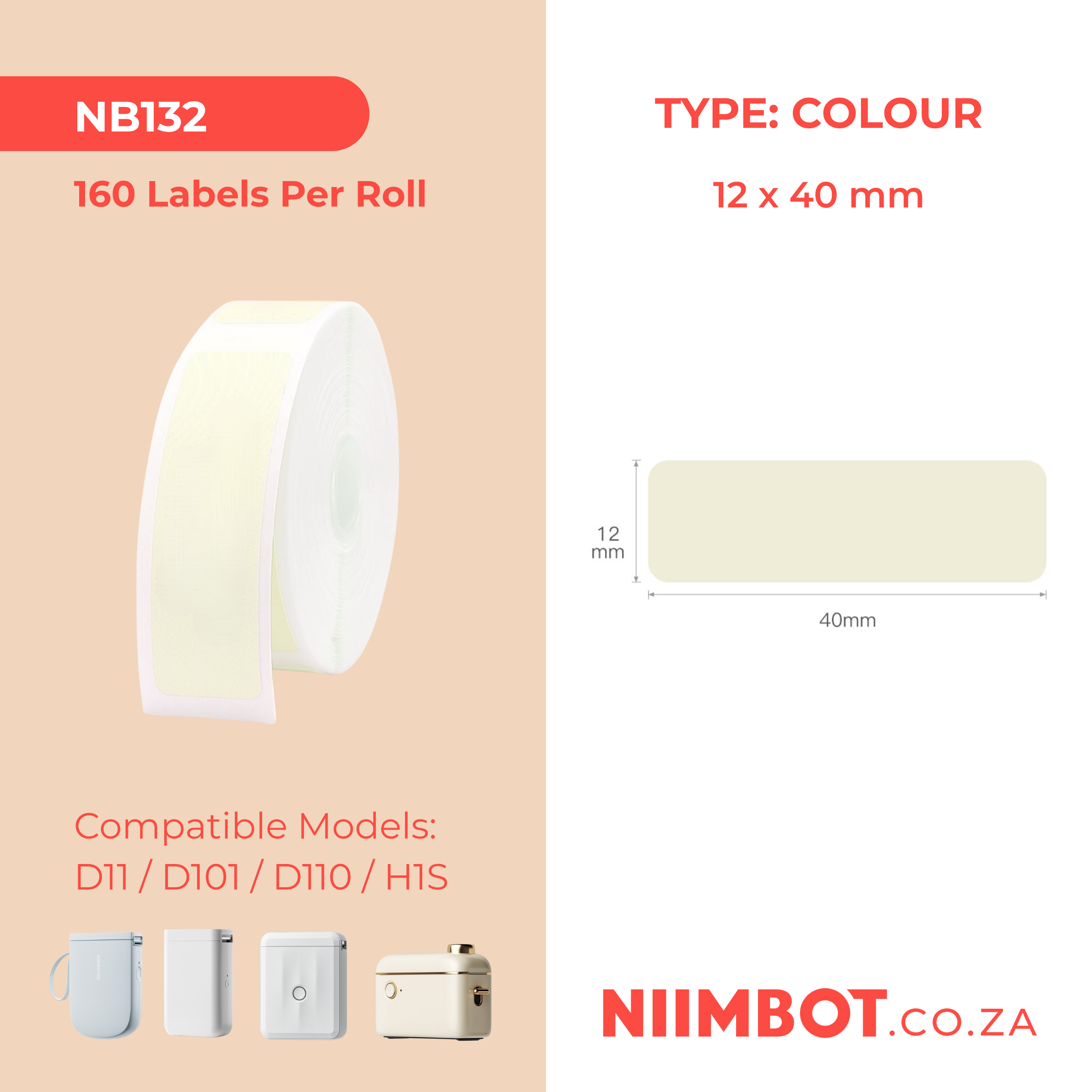 NB132 - NIIMBOT - D11 / D101 / D110 - 12*40MM - 160 THERMAL LABELS - SOLID LIGHT YELLOW DESIGN