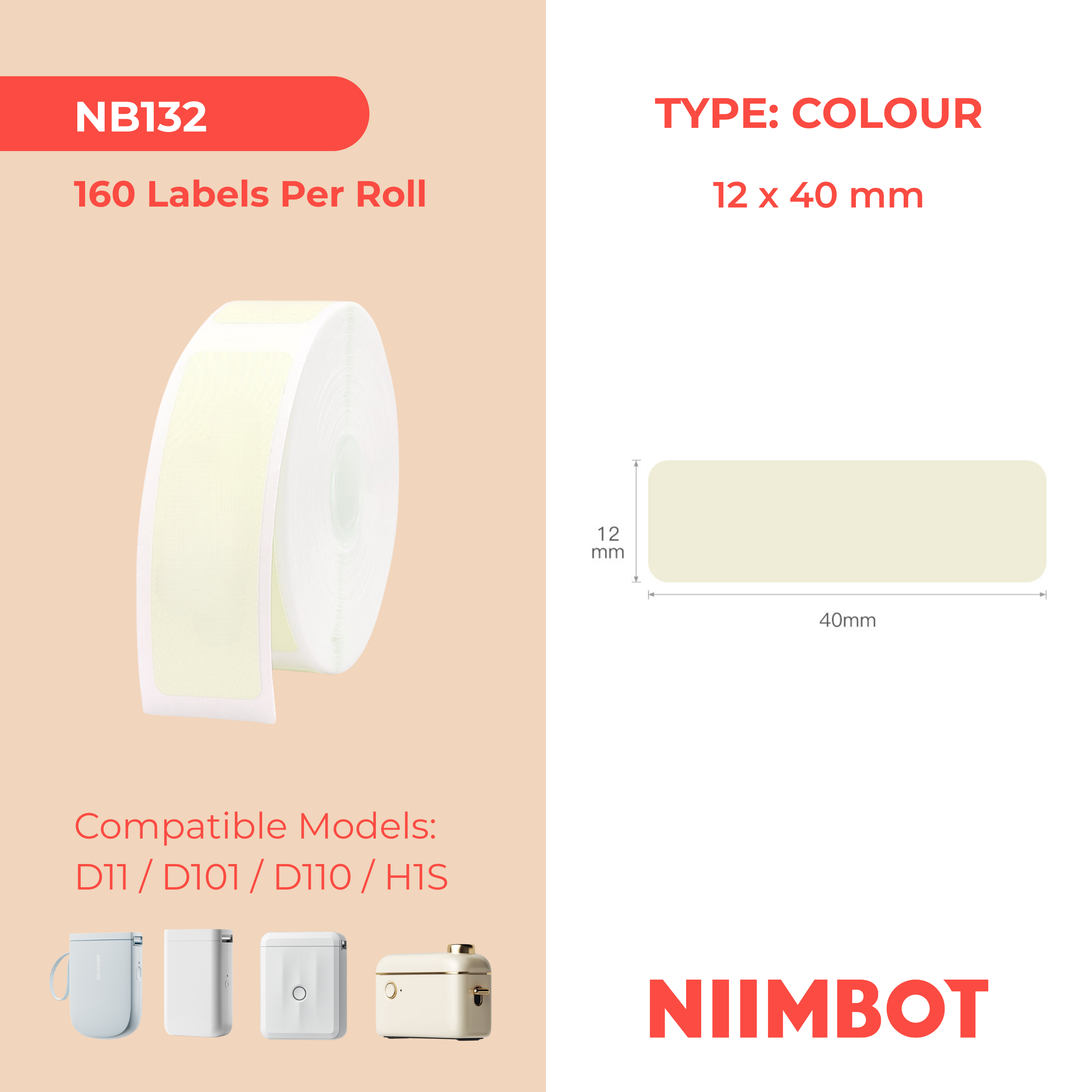 NB132 - NIIMBOT - D11 / D101 / D110 / H1S - 12X40MM - 160 THERMAL LABELS - SOLID LIGHT YELLOW