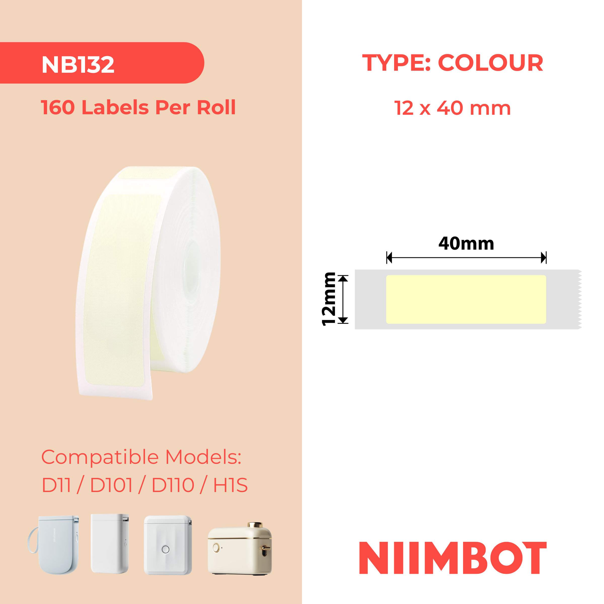 NB132 - NIIMBOT - D11 / D101 / D110 - 12*40MM - 160 TERMIESE ETIKETTE - SOLIEDE LIGGEEL ONTWERP