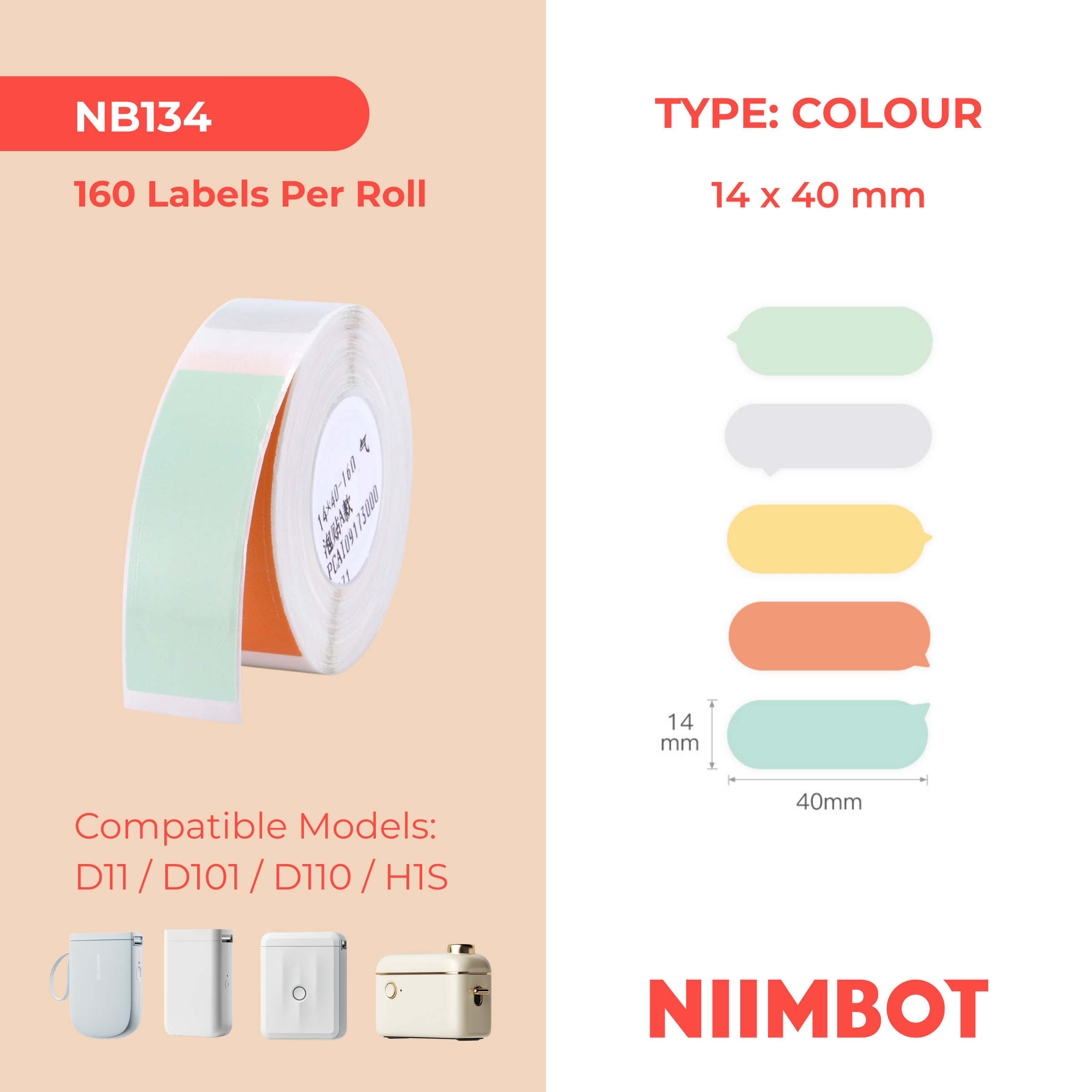 NB134 - NIIMBOT - D11 / D101 / D110 / H1S - 14X40MM - 160 LABELS PER ROLL - BUBBLE A DESIGN