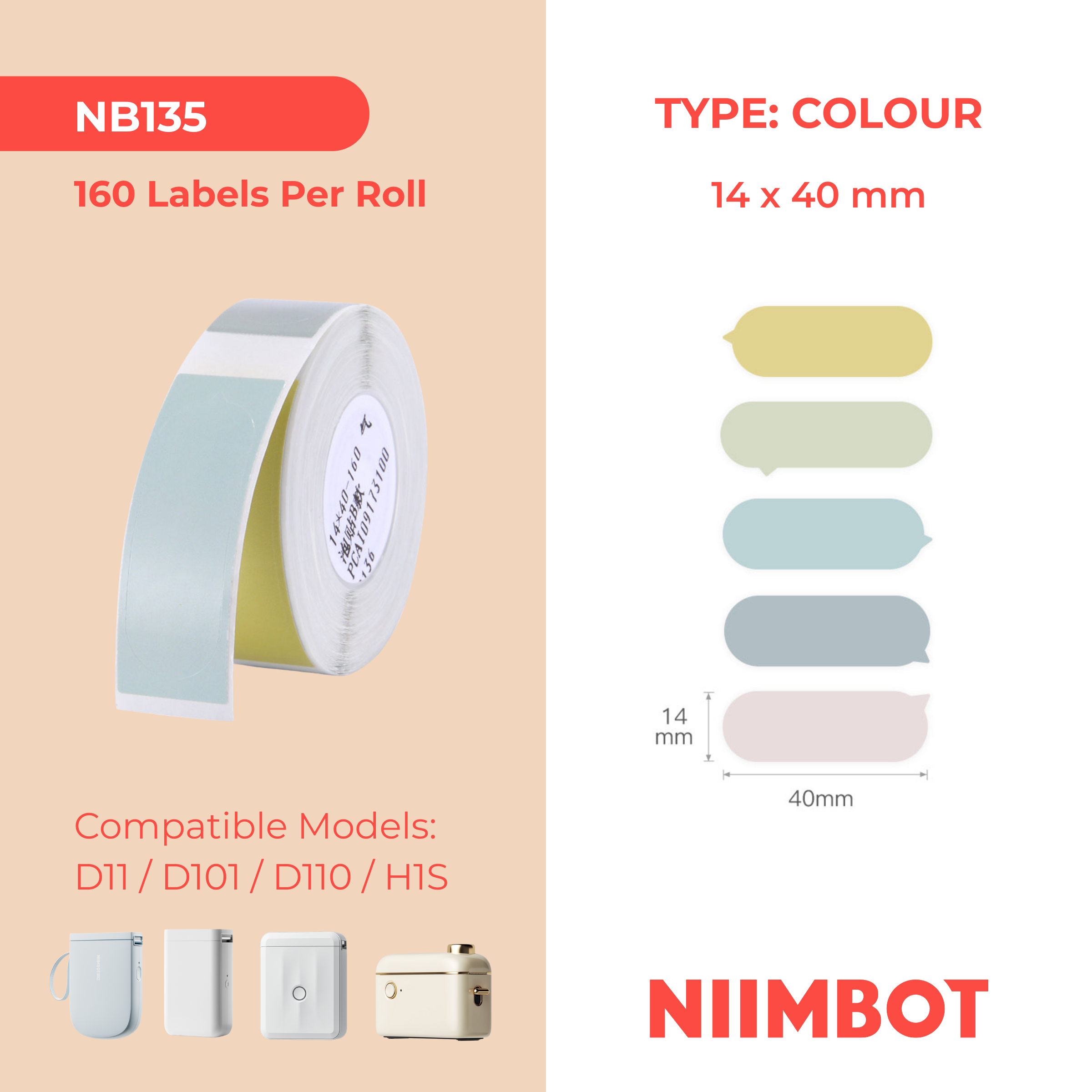 NB135 - NIIMBOT - D11 / D101 / D110 / H1S - 14X40MM - 160 LABELS PER ROLL - BUBBLE B DESIGN