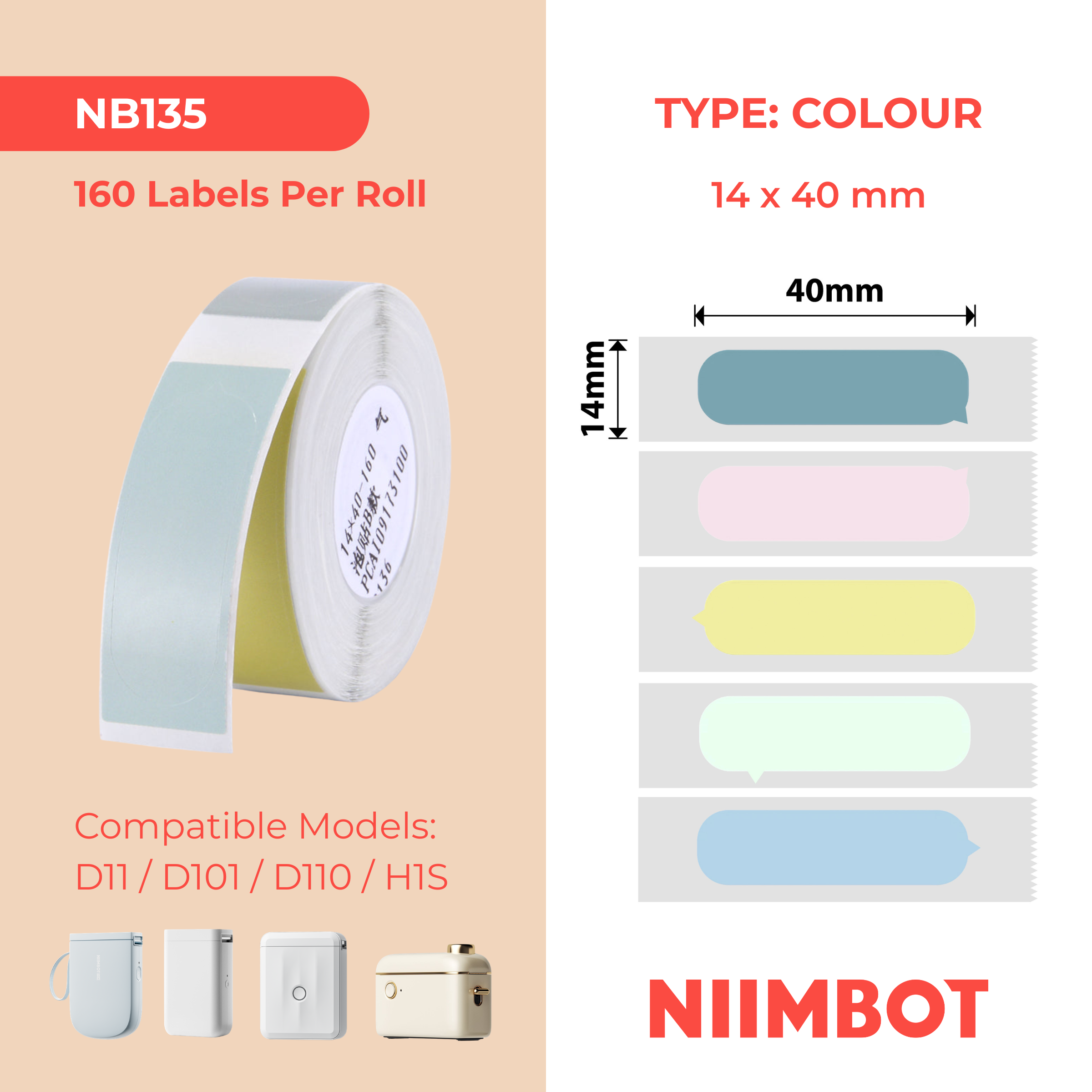 NB135 - NIIMBOT - D11 / D101 / D110 - 14*40MM - 160 ETIKETTE PER ROL - BUBBLE B-ONTWERP